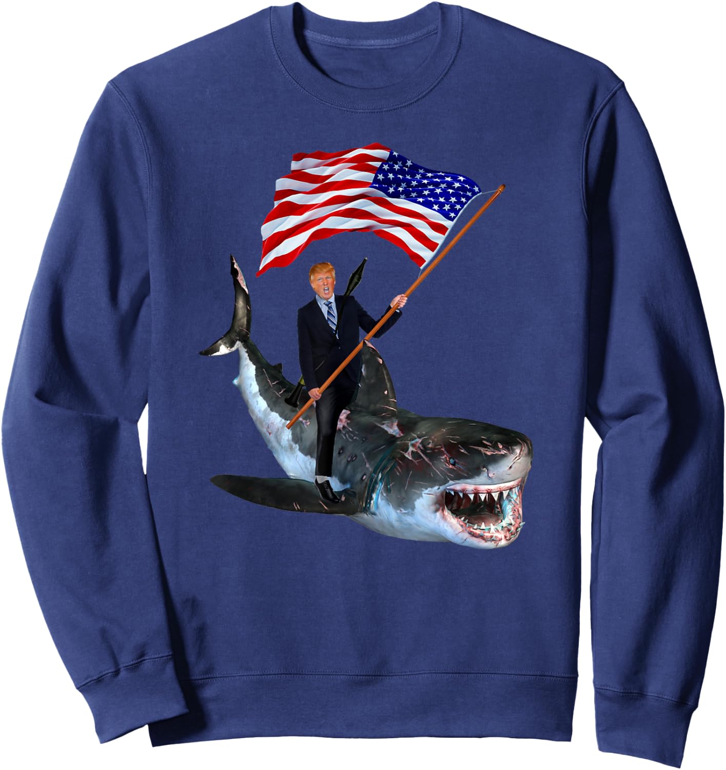 Epic Trump Riding Shark Holding USA Flag Funny Sweatshirt - Sweatshirt | Navy
