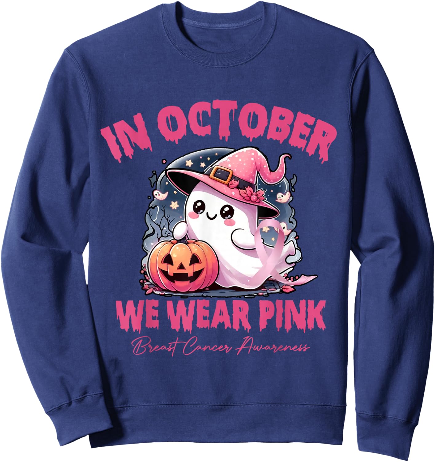 In October We Wear Pink Ghosts Breast Cancer Awareness Sweatshirt - Sweatshirt | Navy