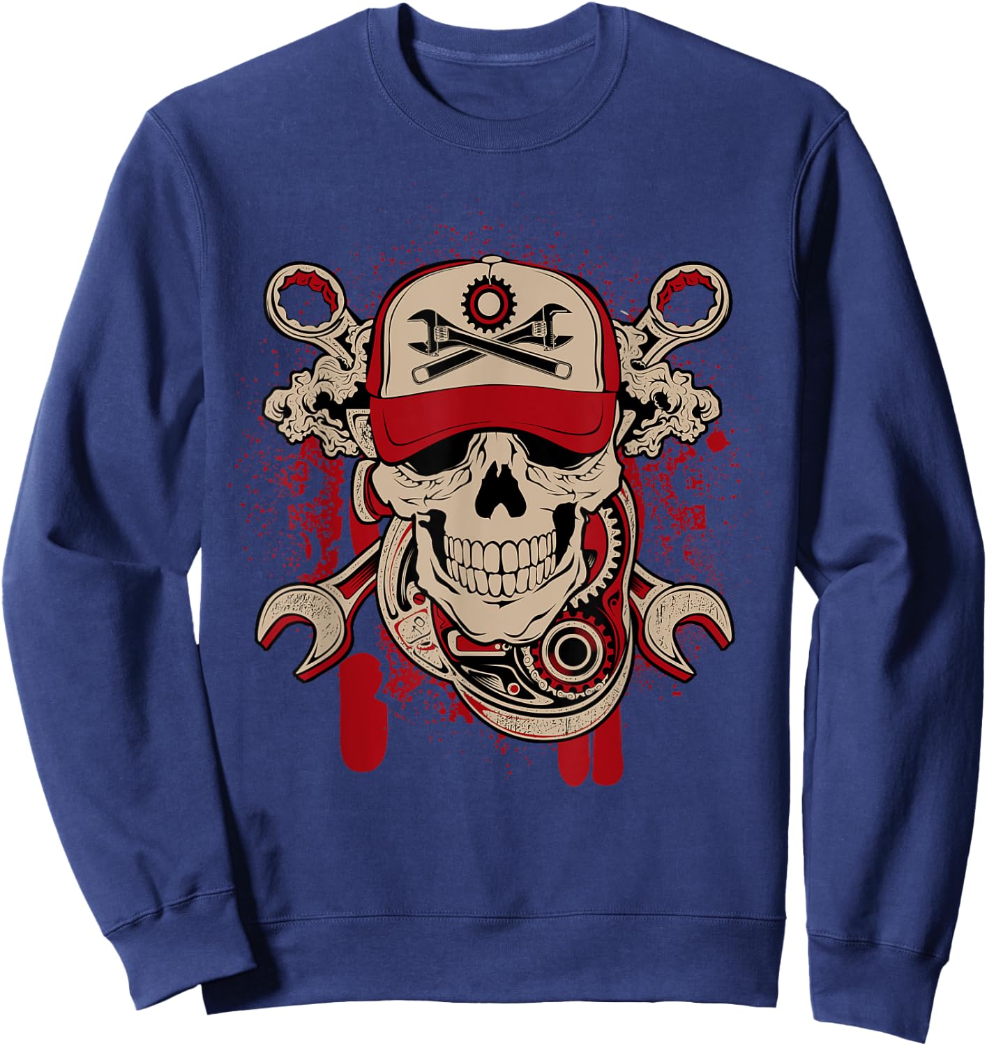 Vintage Mechanic Skull and Wrench Graphic Sweatshirt - Sweatshirt | Navy