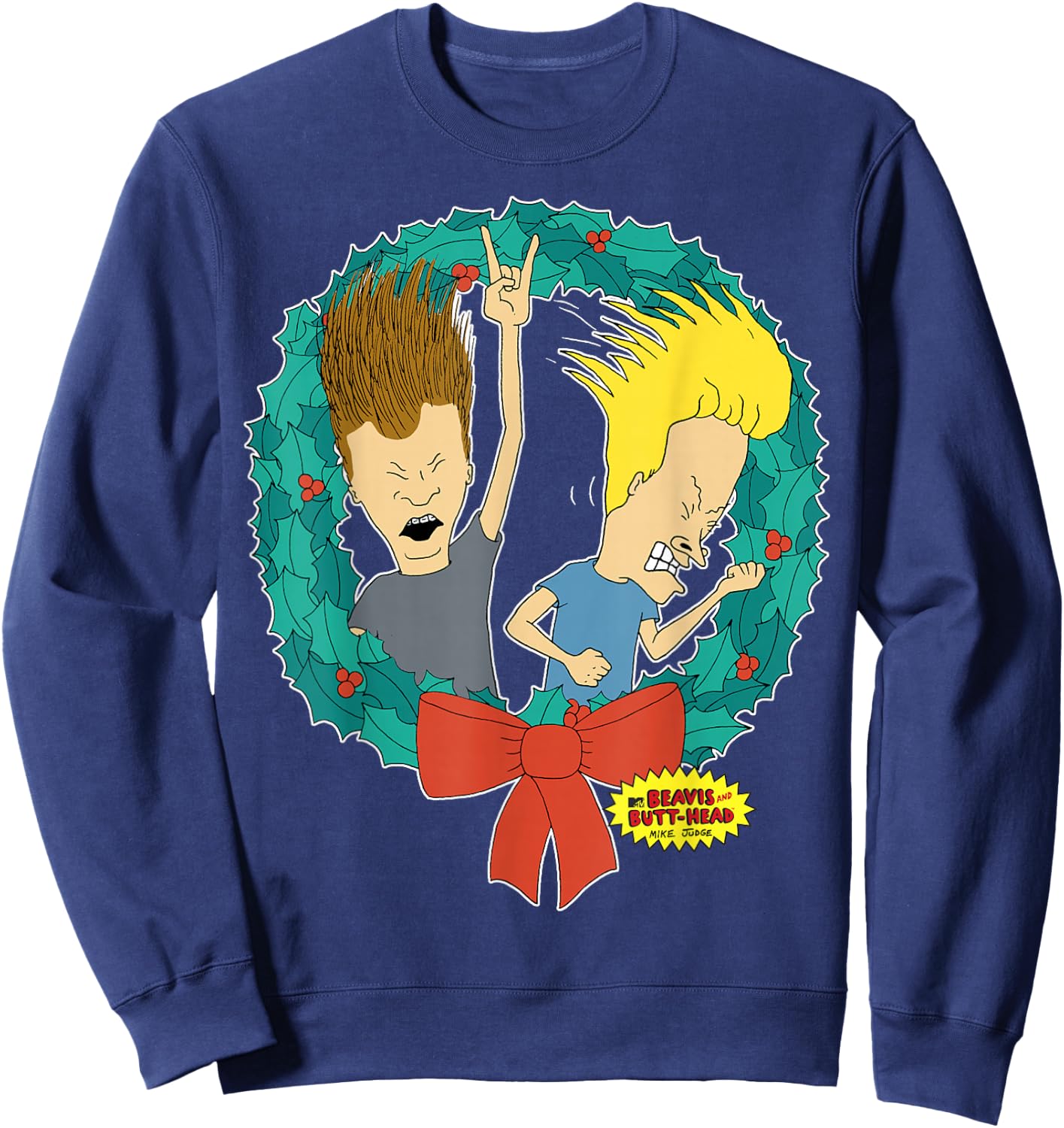 Beavis and Butt-Head Rock And Roll Wreath Christmas Sweatshirt - Sweatshirt | Navy