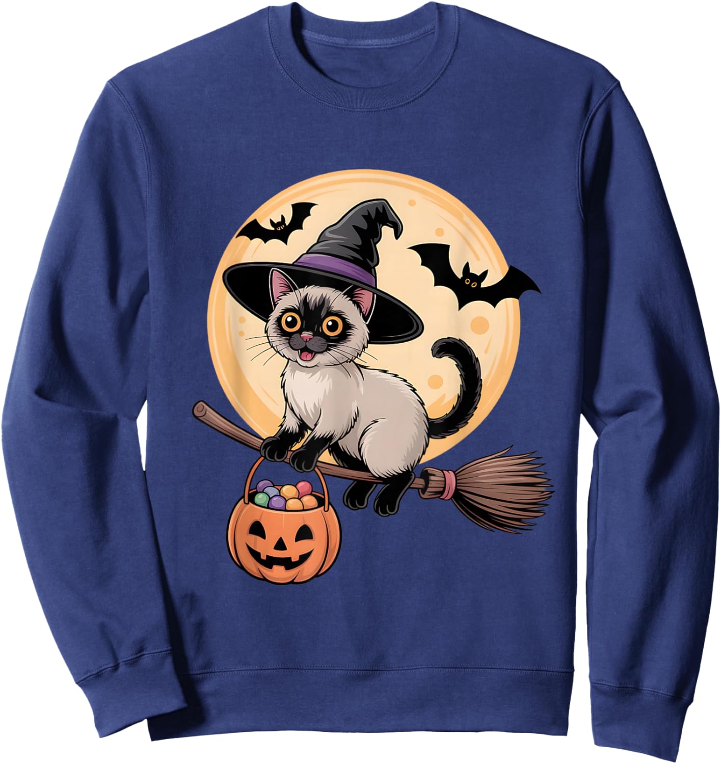 Siamese Cat Witch Hat Pumpkin Halloween Costume Men Women Sweatshirt - Sweatshirt | Navy