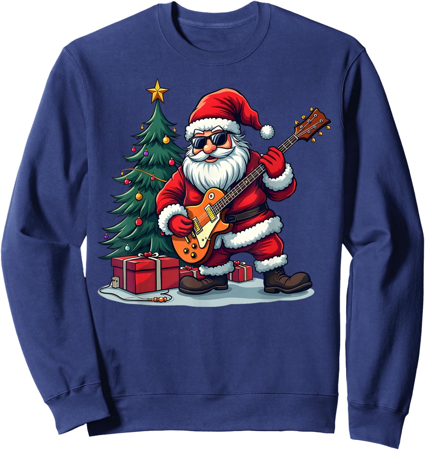 A rockstar Santa with a guitar in front of a Christmas tree Sweatshirt - Sweatshirt | Navy
