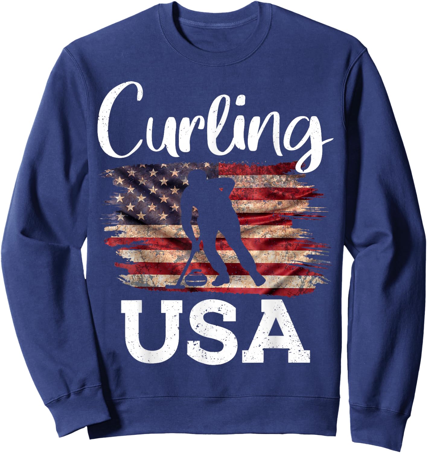 Curling USA Curler Winter Sports American Flag Sweatshirt - Sweatshirt | Navy