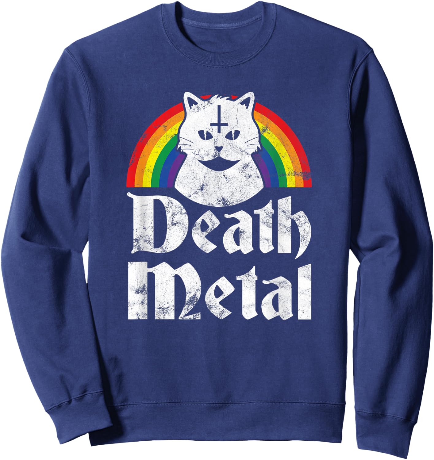 Death Metal Satanic Cat Rainbow Rock Goth Concert Sweatshirt - Sweatshirt | Navy