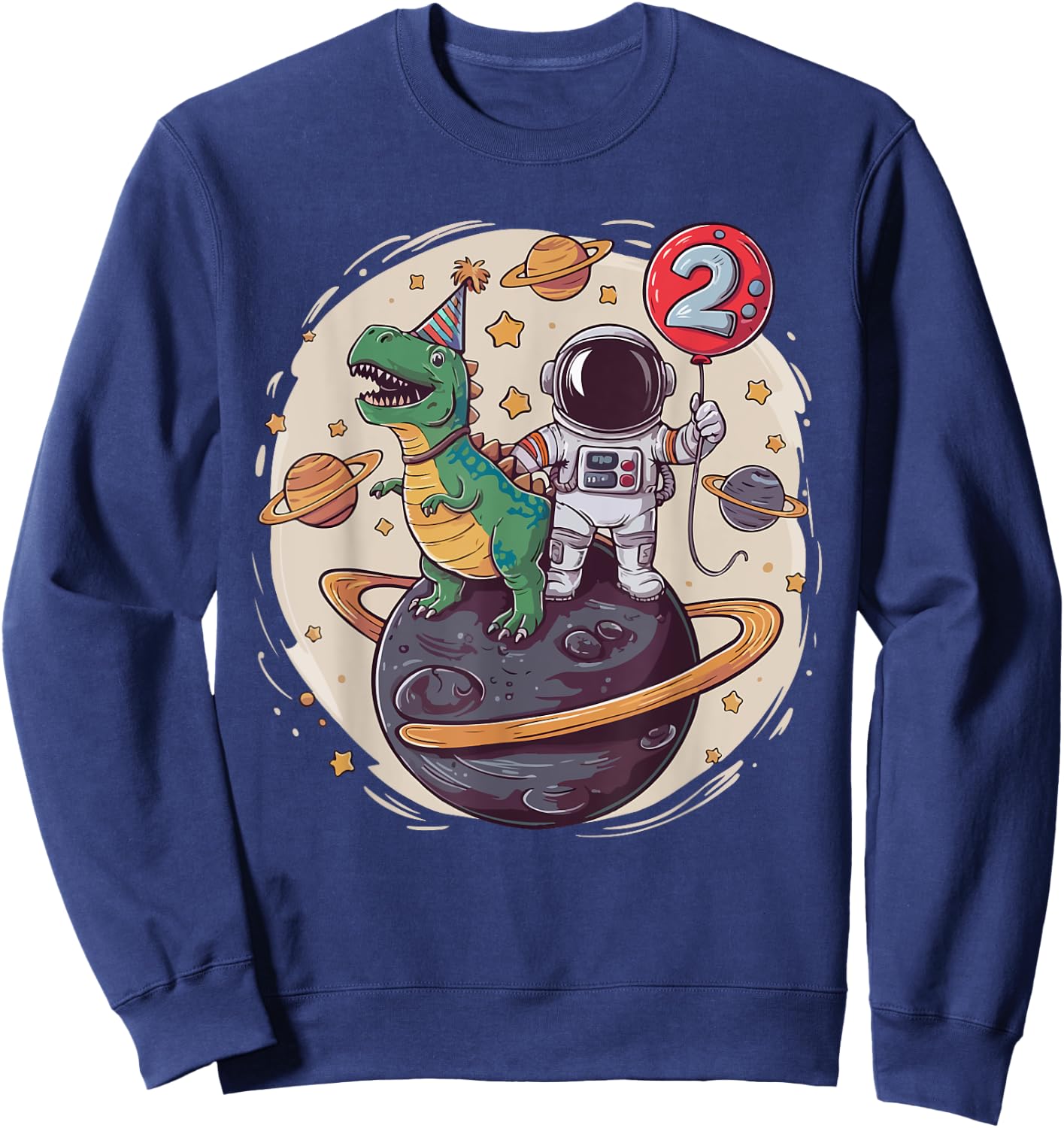 2 Years Old Birthday Boy Astronaut Dinosaur 2nd Birthday Sweatshirt - Sweatshirt | Navy