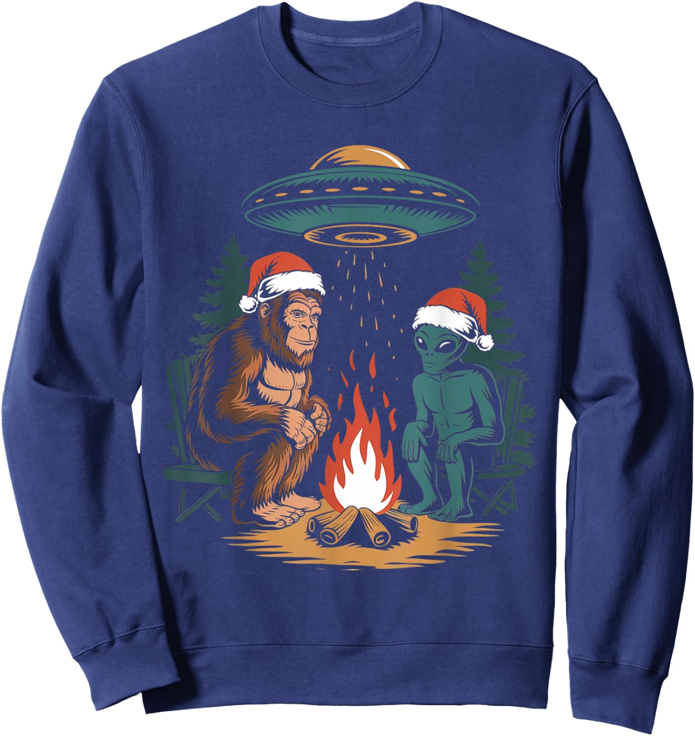 Funny Bigfoot Alien UFO Santa Hat Campfire Outdoor Christmas Sweatshirt - Sweatshirt | Navy