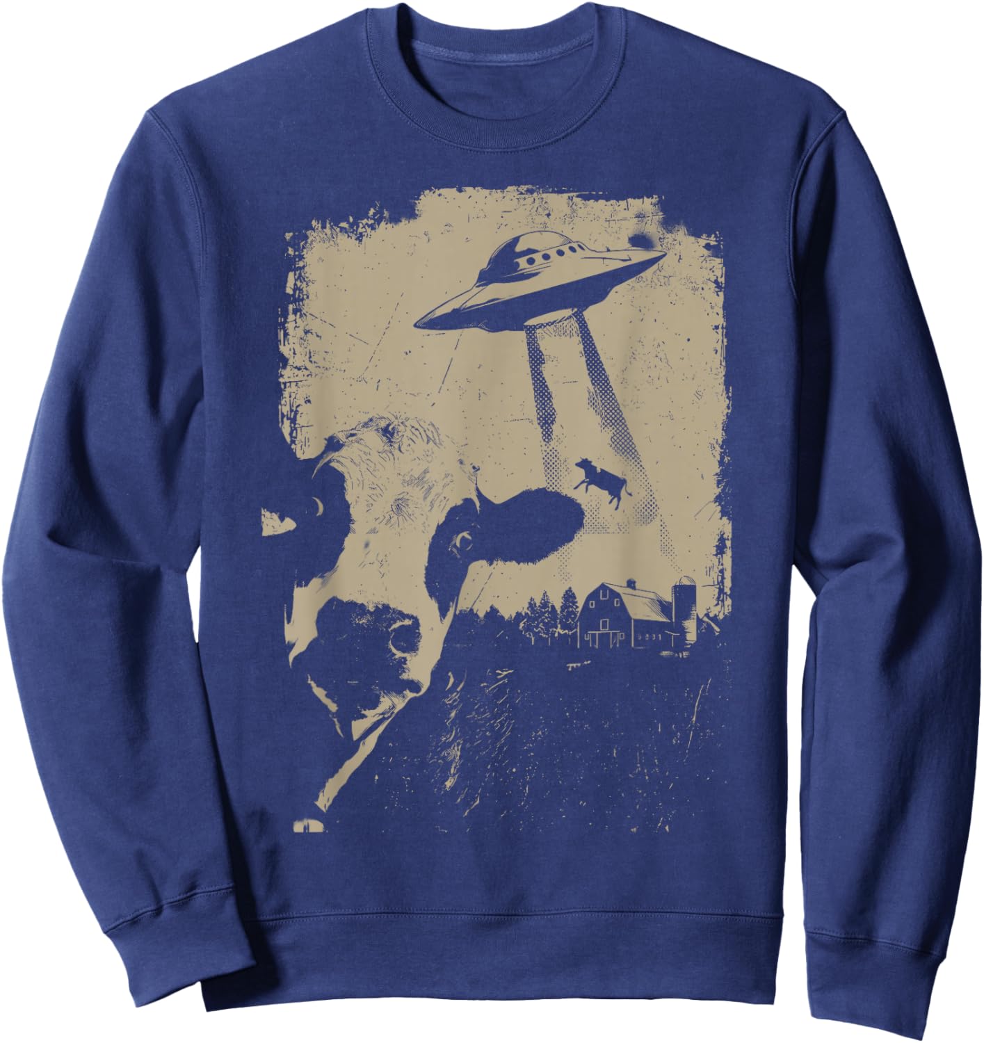 Vintage 90s Cow UFO Abduction Farmer Cow Alien Spaceship Sweatshirt - Sweatshirt | Navy