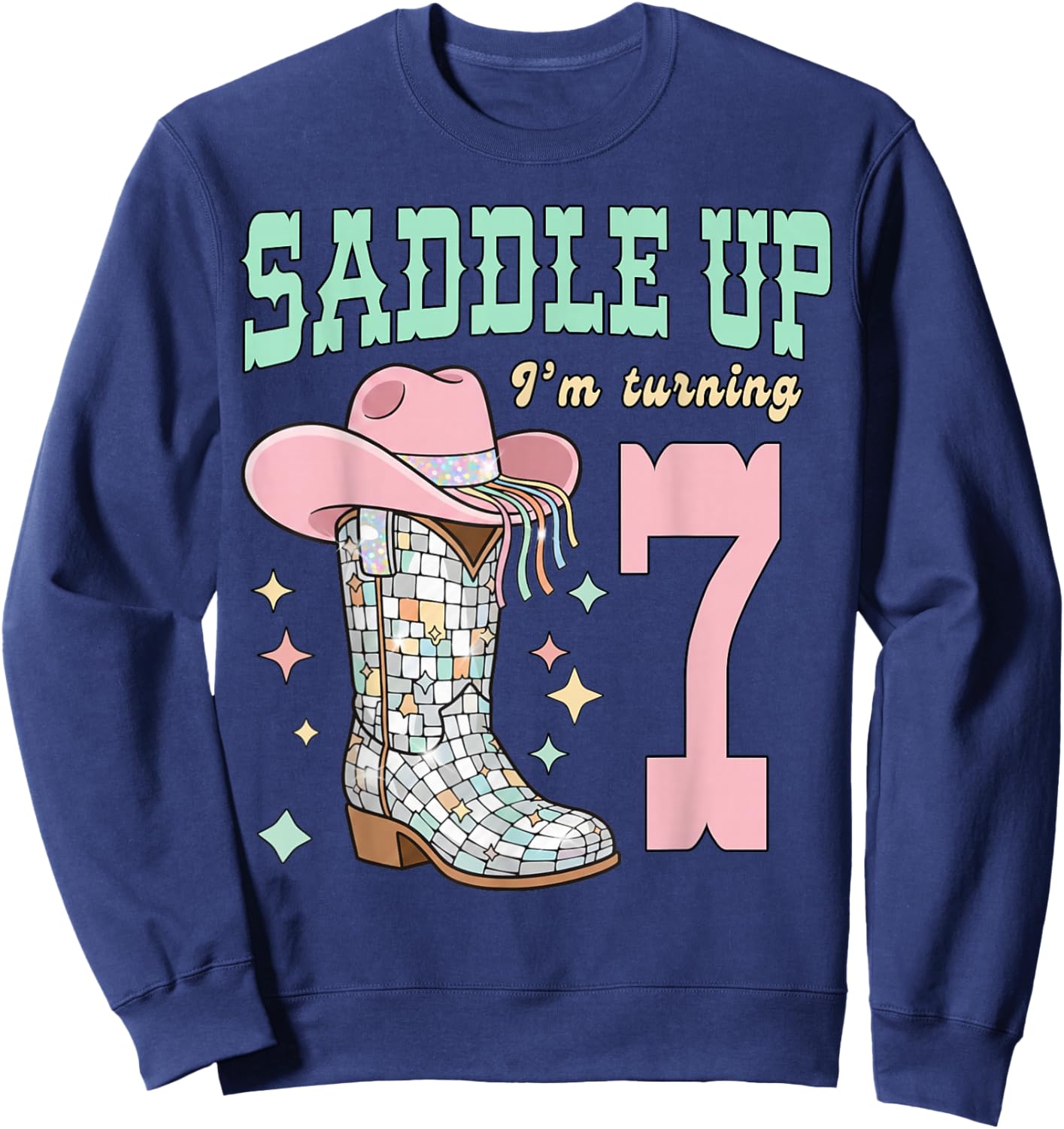 Saddle Up I’m Turning 7 Groovy Cowgirl Disco Western Sweatshirt - Sweatshirt | Navy