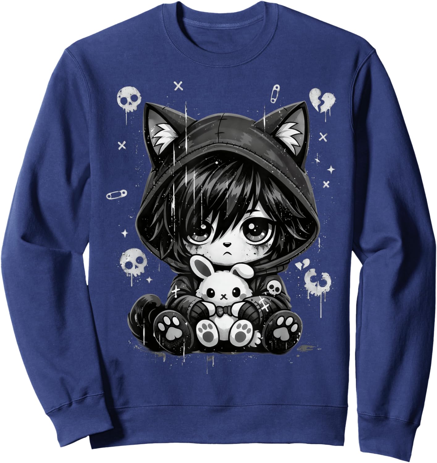 Goth Cat Goth Girl Cute E-Girl Gothic Grunge Outfit Sweatshirt - Sweatshirt | Navy
