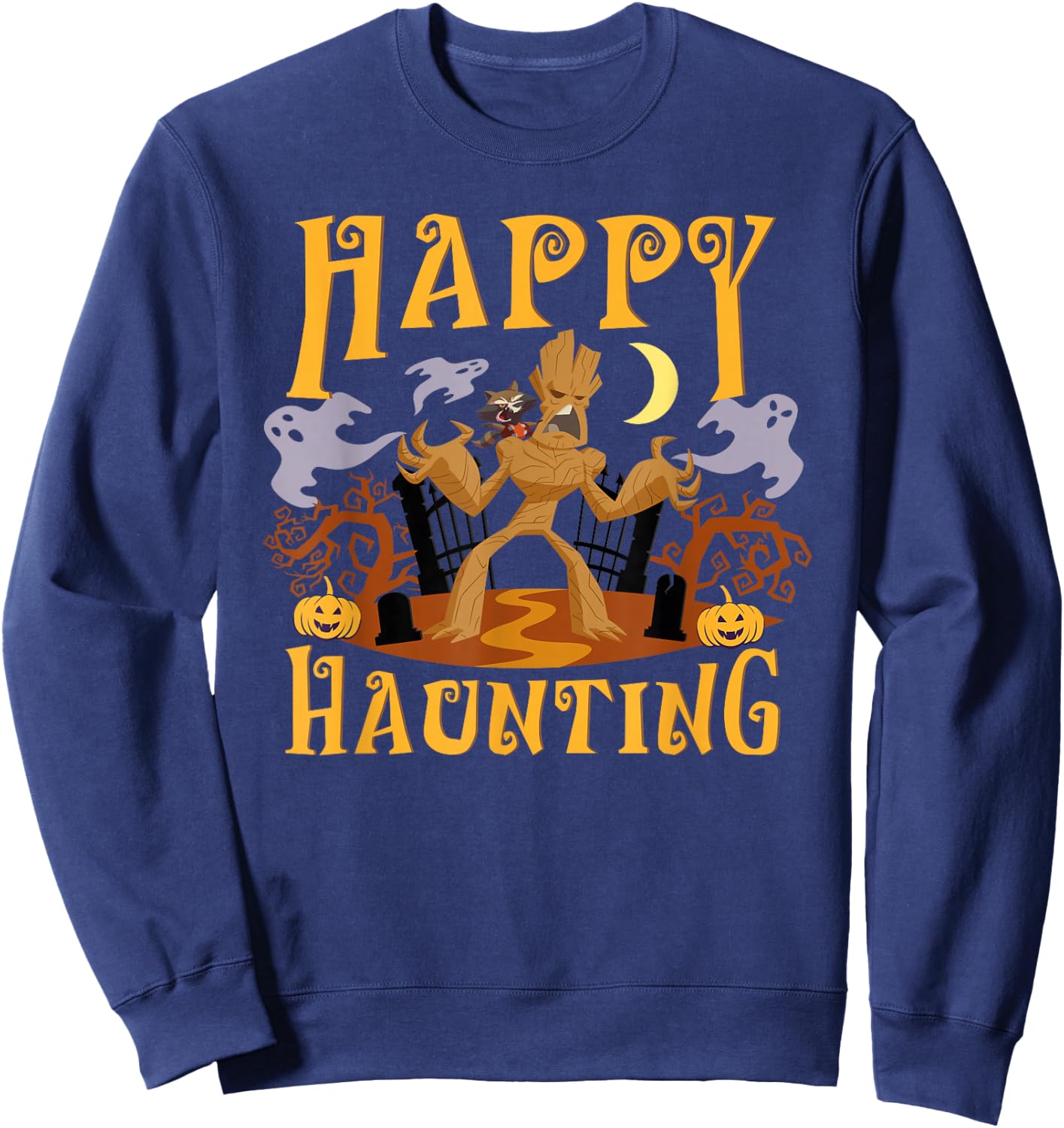 Marvel Groot and Rocket Raccoon Happy Haunting Halloween Sweatshirt - Sweatshirt | Navy