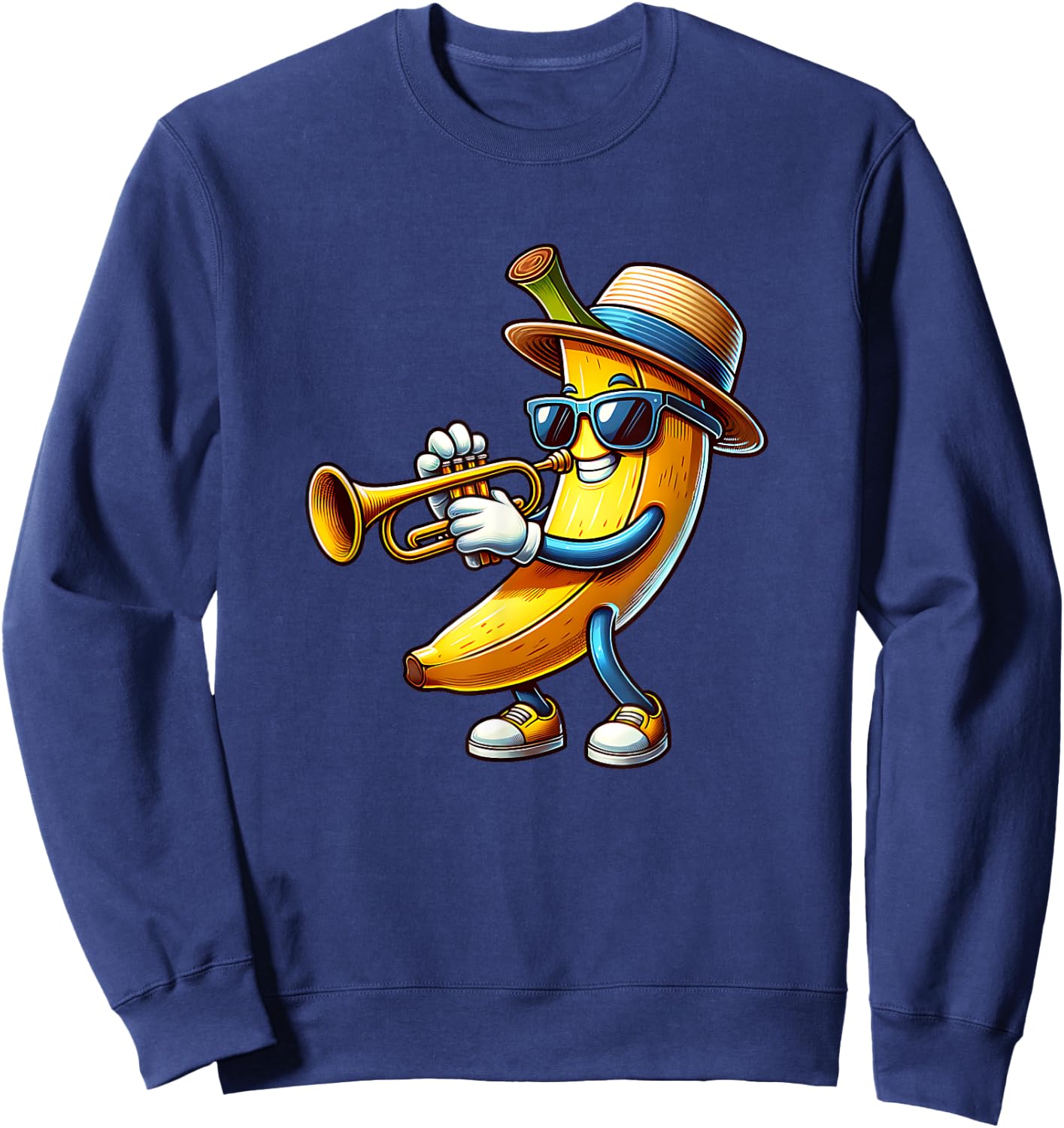 Cool Banana Playing Trumpet Musician Cartoon Sweatshirt - Sweatshirt | Navy