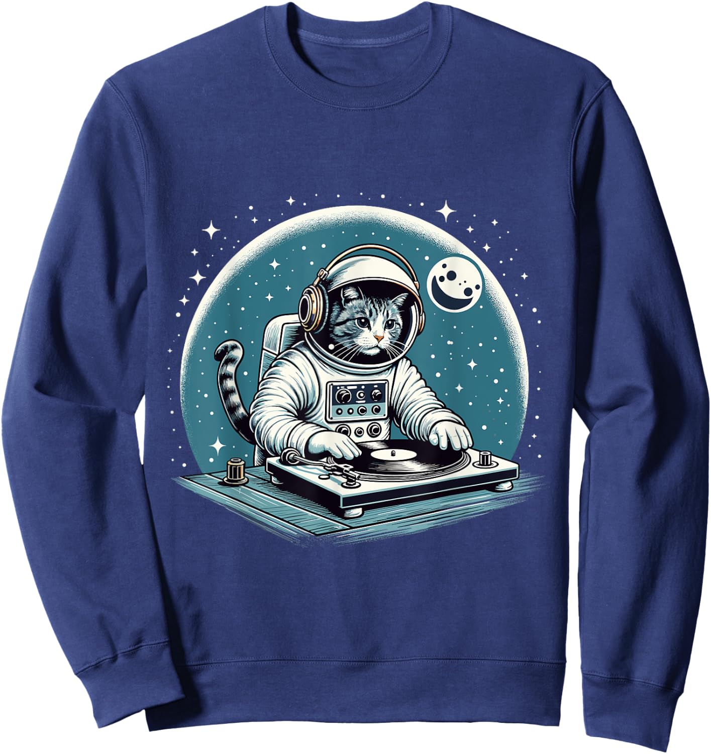 DJ Space Cat Shirt Disc Jockey Cat in Astronaut Suit Costume Men Women Kids Sweatshirt - Sweatshirt | Navy