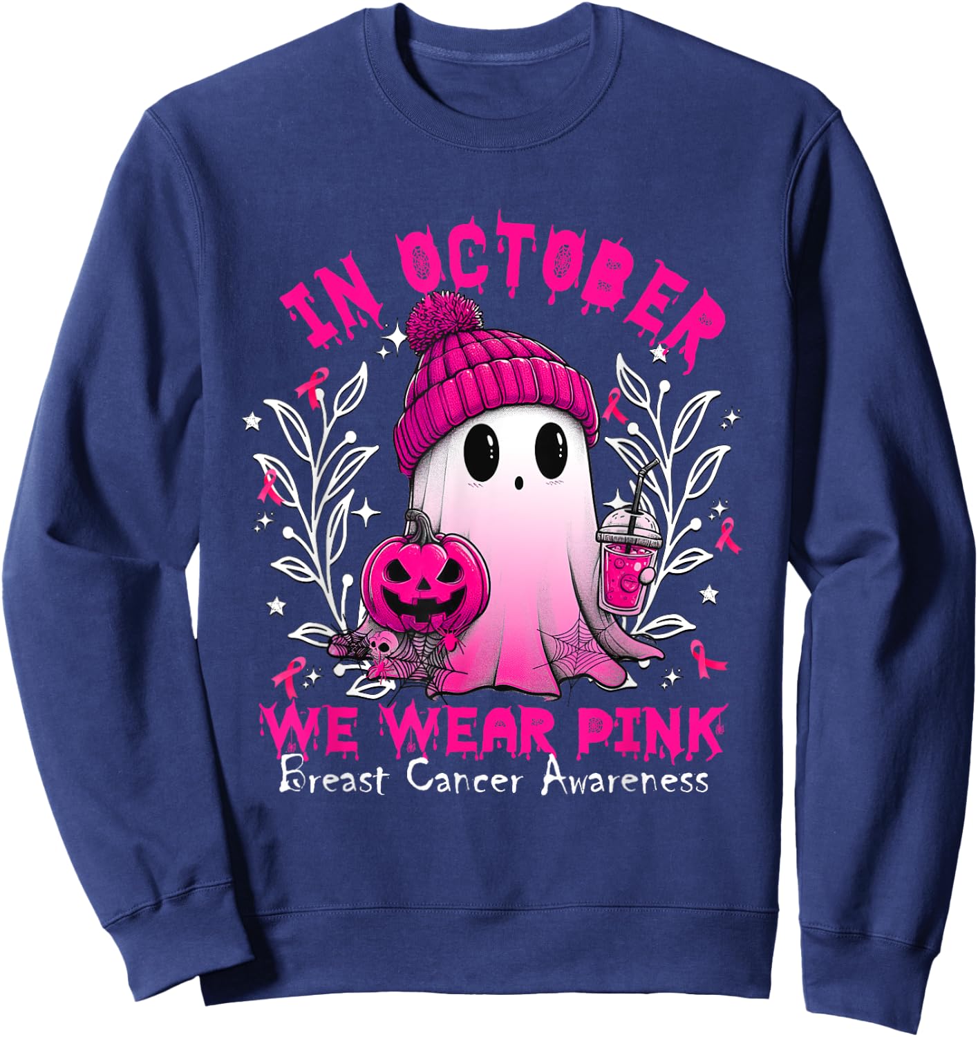 In October We Wear Pink Ghost Witch Breast Cancer Awareness Sweatshirt - Sweatshirt | Navy