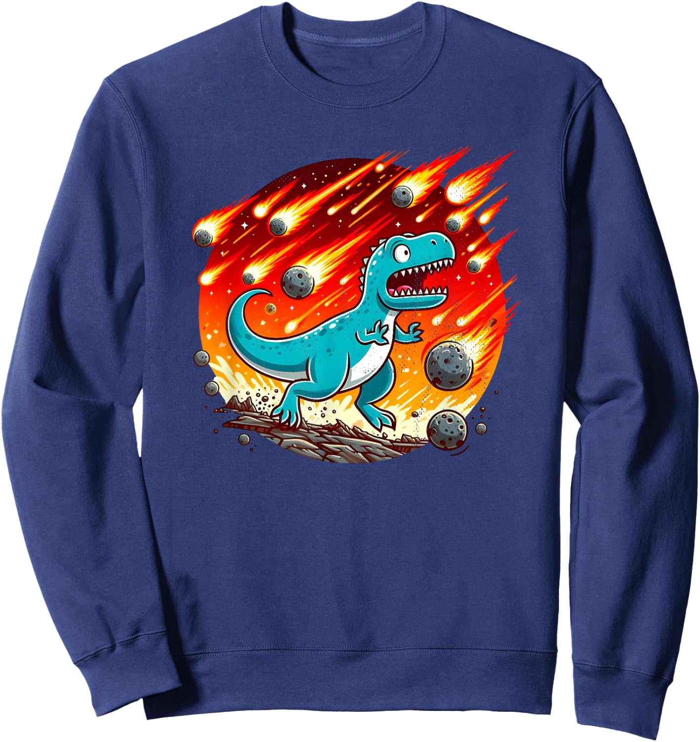 Dinosaur Running from Meteor Shower - Paleontologist Sweatshirt - Sweatshirt | Navy