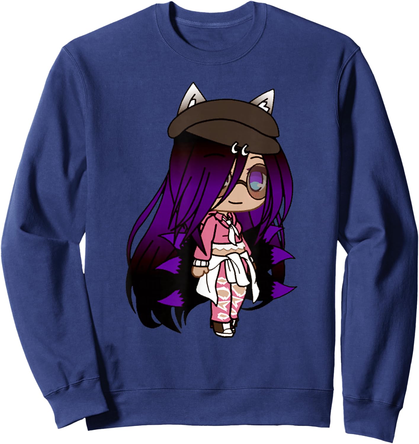 Cute Chibi Style Kawaii Anime Girl with Fox Ears and Tails Sweatshirt - Sweatshirt | Navy