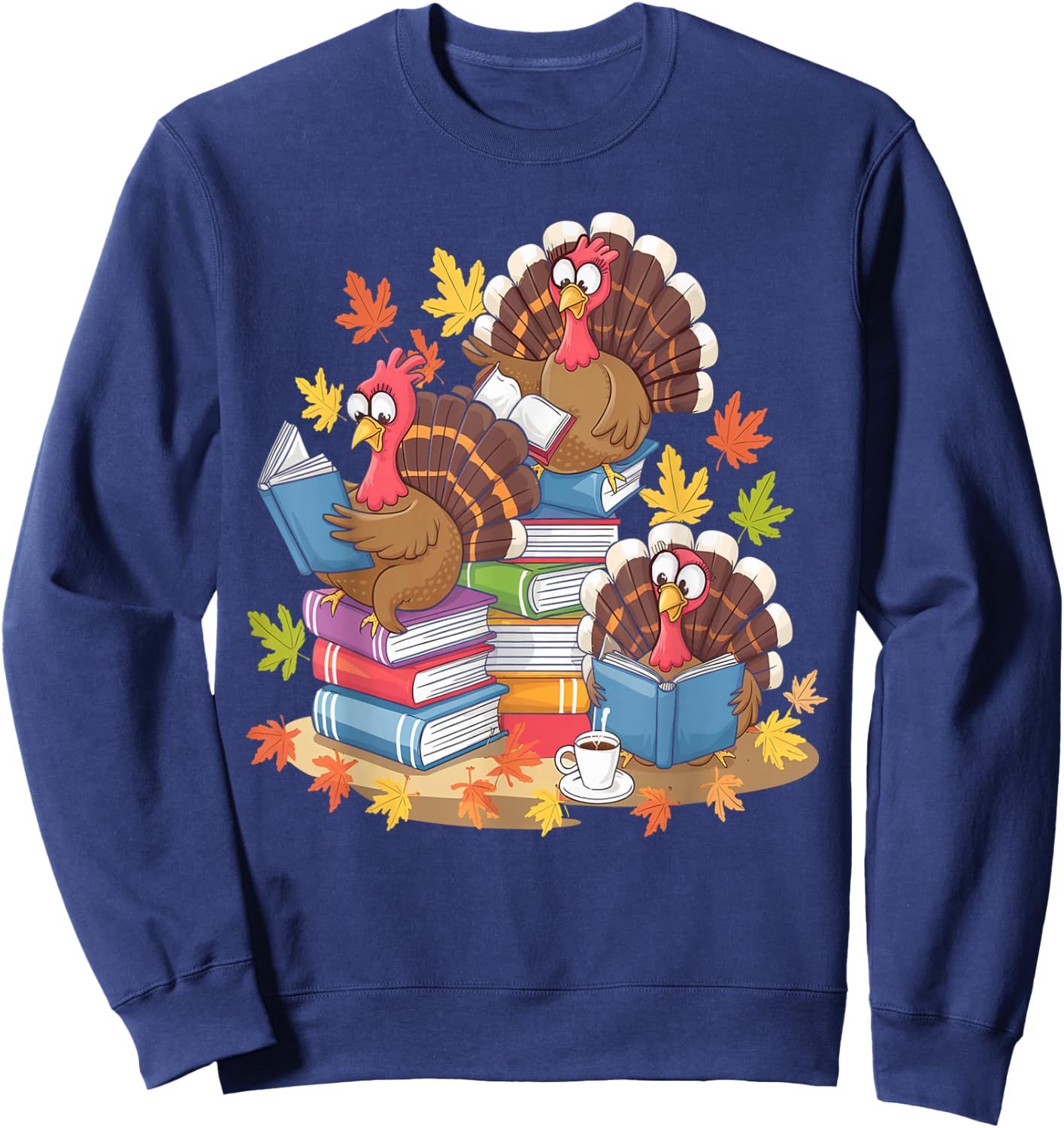 Turkey Reading Books Fall Season Thanksgiving Teacher Book Sweatshirt - Sweatshirt | Navy
