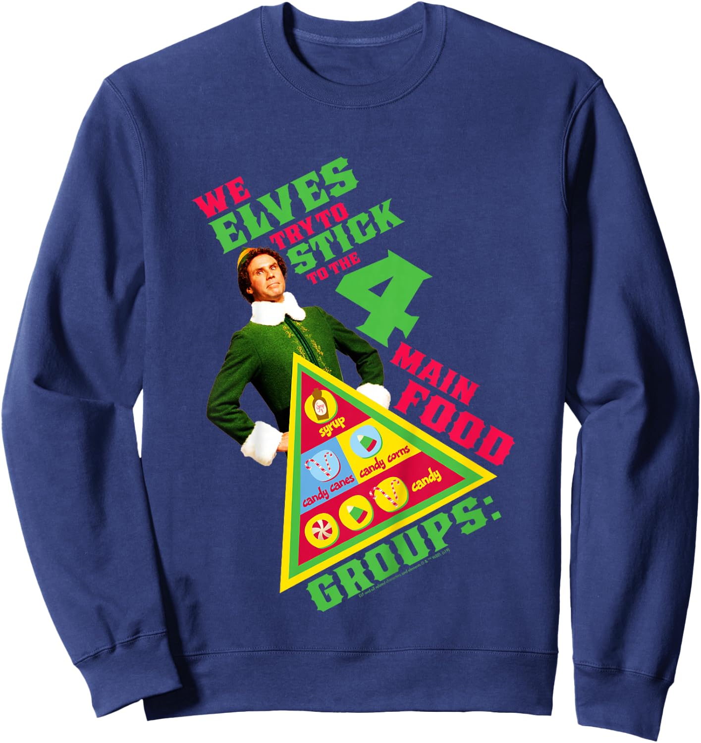 Kids Elf Buddy Four Main Food Group Pyramid Text Portrait Sweatshirt - Sweatshirt | Navy