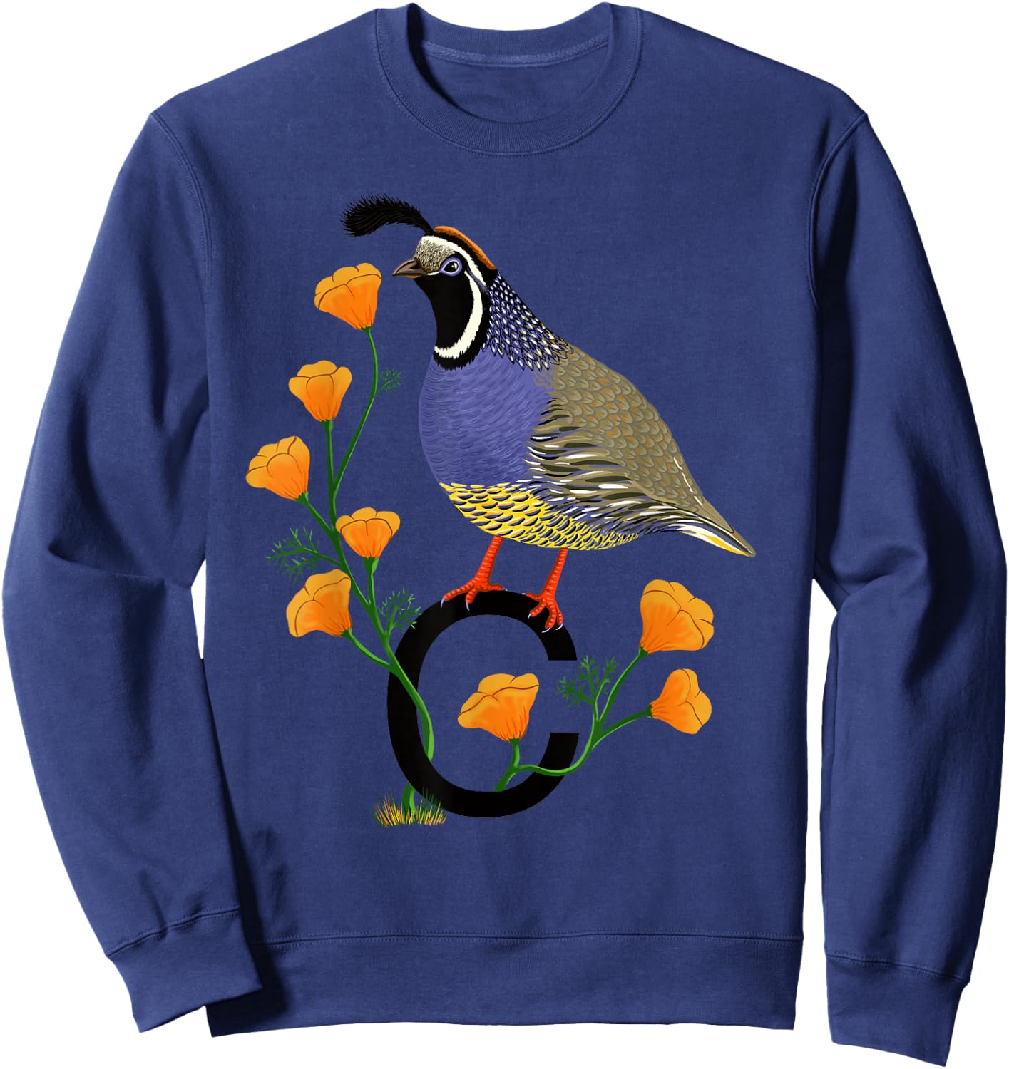 California Quail State Bird Californian Poppy Flowers Sweatshirt - Sweatshirt | Navy