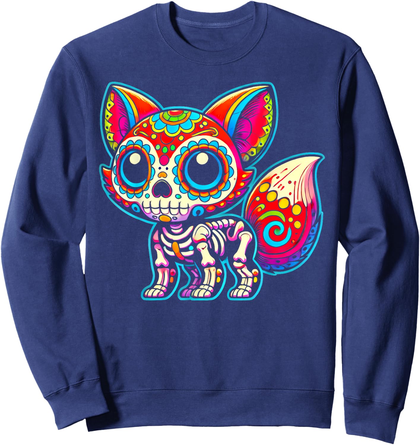 Colorful Sugar Skull Fox Day of the Dead Skeleton Art Lover Sweatshirt - Sweatshirt | Navy