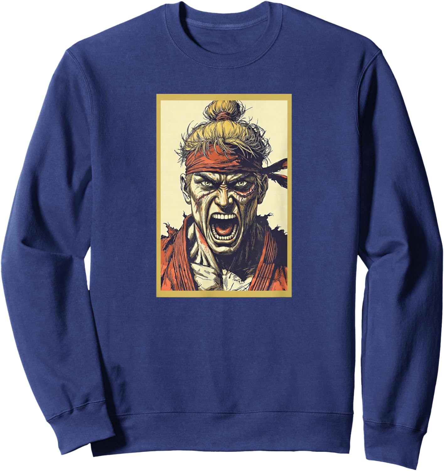 Hawk the Intense Manga Warrior | Top Knot & Scar Art Sweatshirt - Sweatshirt | Navy