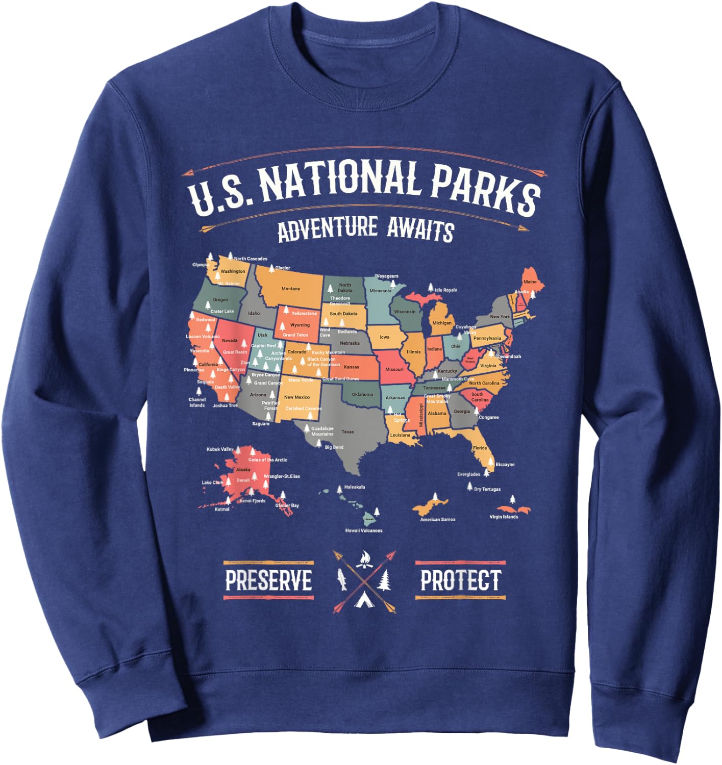 US National Parks Map Preserve Protect Hiking Camping Gift Sweatshirt - Sweatshirt | Navy