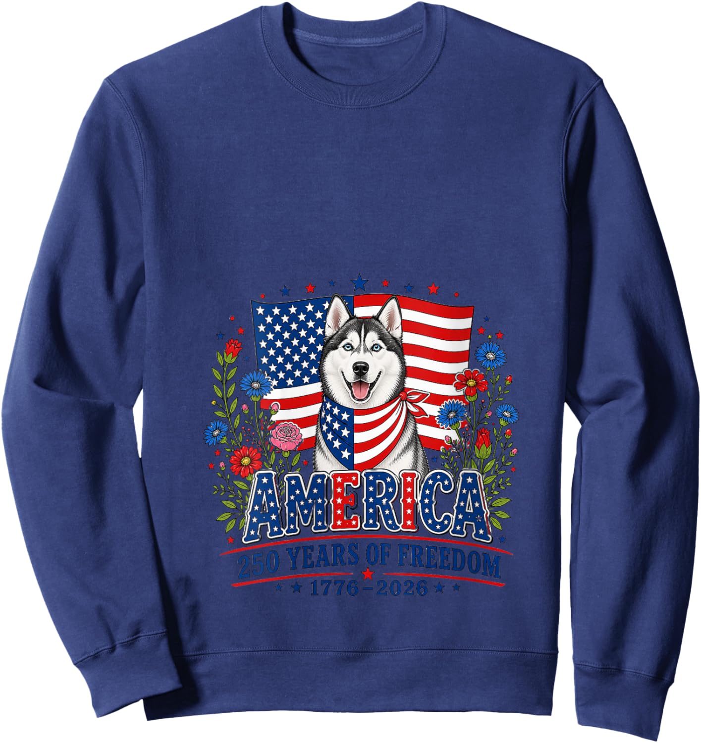 Women's 250 Years America Siberian Husky Patriotic USA 4th of July V-Neck Sweatshirt - Sweatshirt | Navy