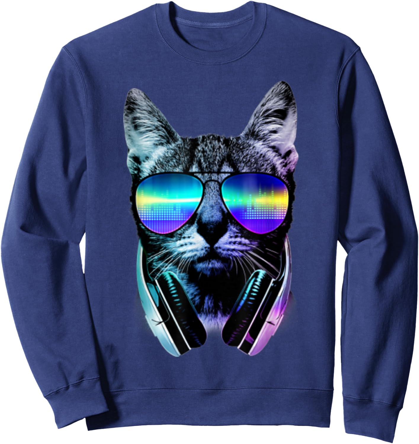 Dj Cat Headphones - Black, Small, , Cotton 100%, Short Sleeve, , Graphic, Modern, Casual, All Seasons, 1 Count Sweatshirt - Sweatshirt | Navy