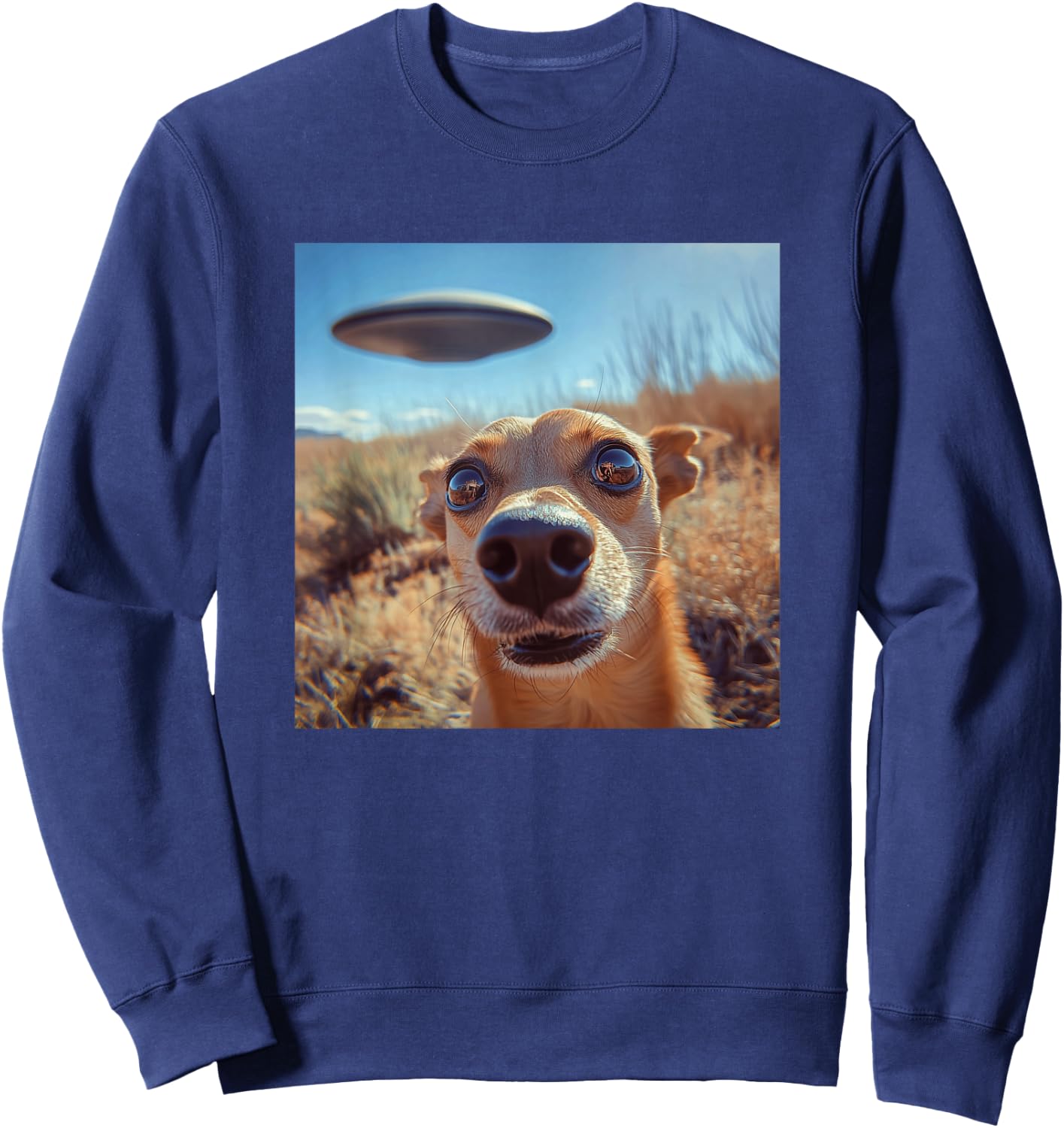 Dog Selfie with UFOs Weird Print Graphic Space Funny Sweatshirt - Sweatshirt | Navy