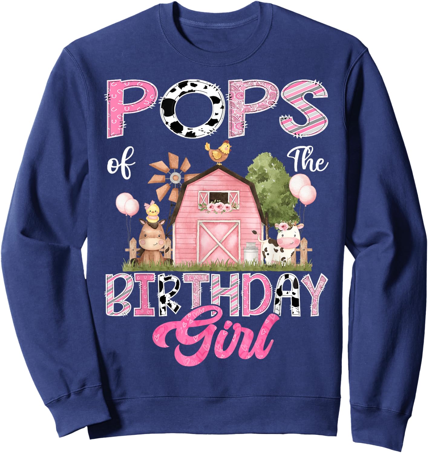 Pops Of The Birthday Girl Farm Cow Pink 1St Birthday Sweatshirt - Sweatshirt | Navy
