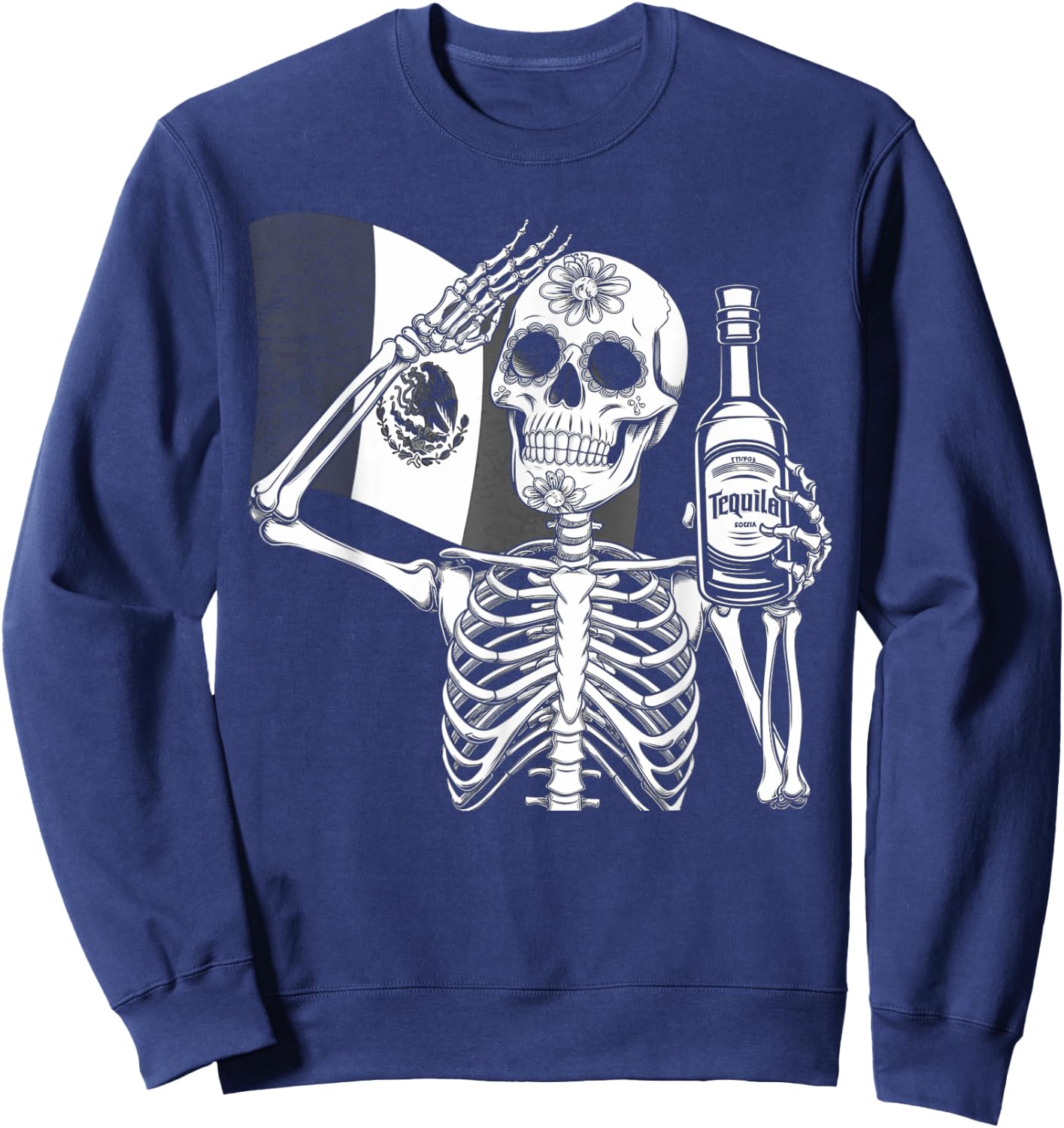 Mexico Vintage Skeleton Tequila Dia De Los Muertos Mexican Sweatshirt - Sweatshirt | Navy