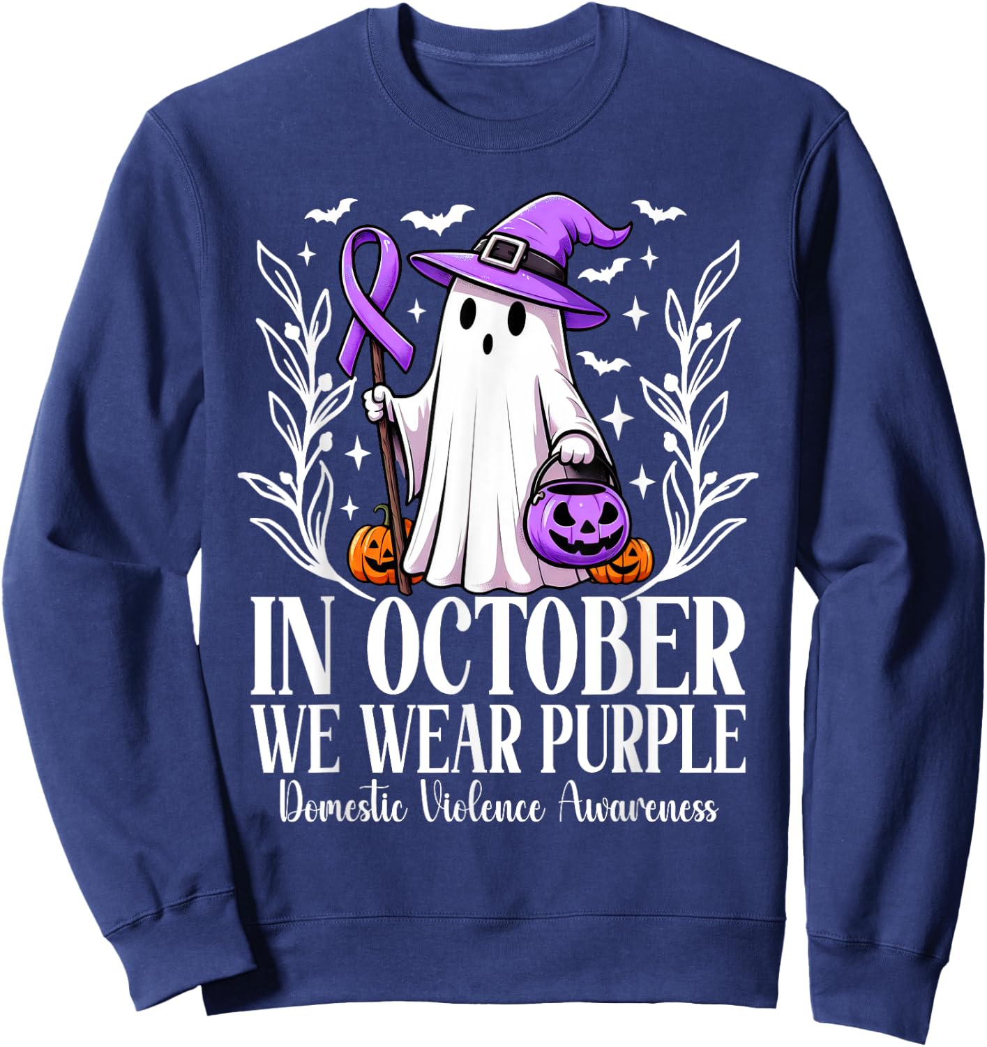 In October We Wear Purple Domestic Violence Ghost Halloween Sweatshirt - Sweatshirt | Navy