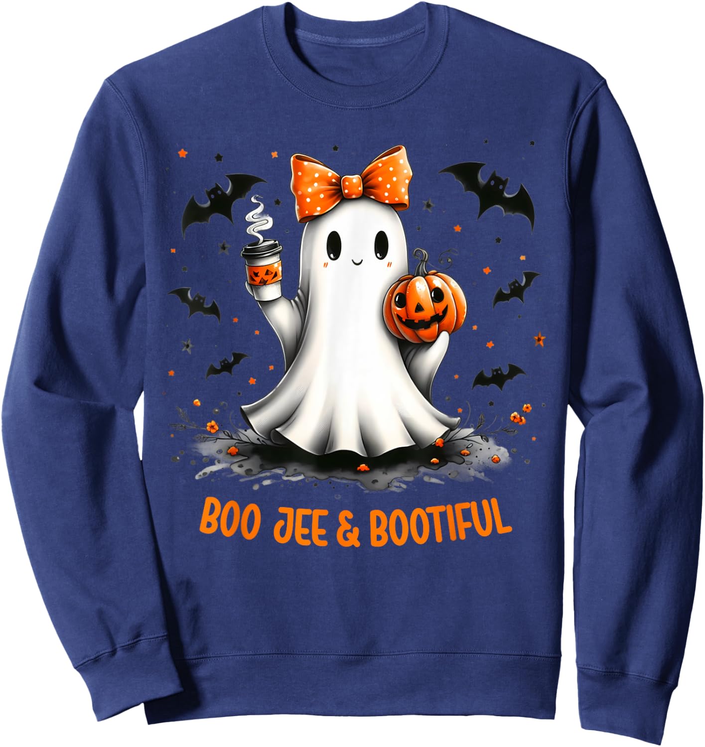 Boo Jee Ghost Drinking Coffee Coquette Bow Halloween Women Sweatshirt - Sweatshirt | Navy