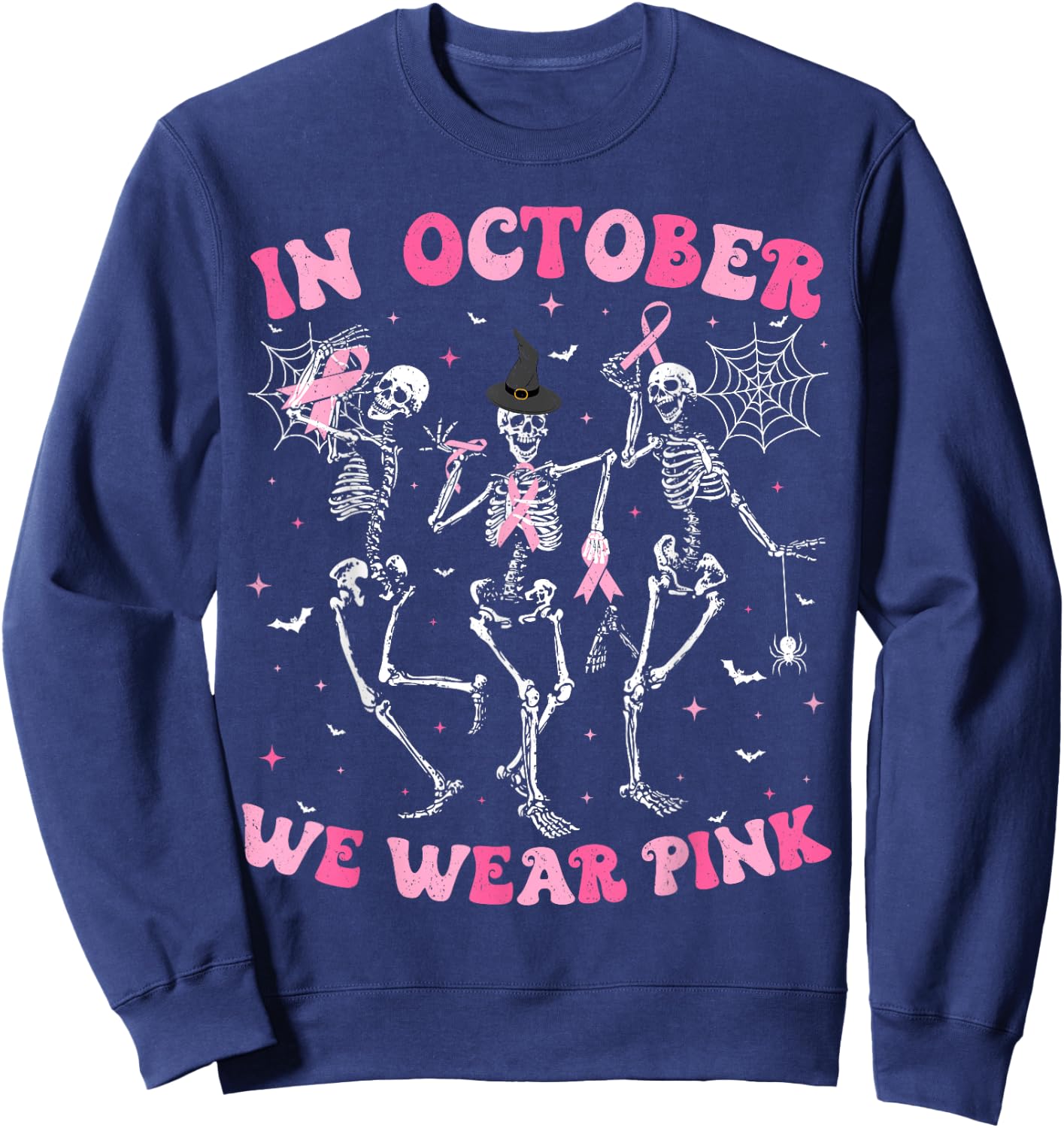 In October We Wear Pink Halloween Breast Cancer Skeleton Sweatshirt - Sweatshirt | Navy