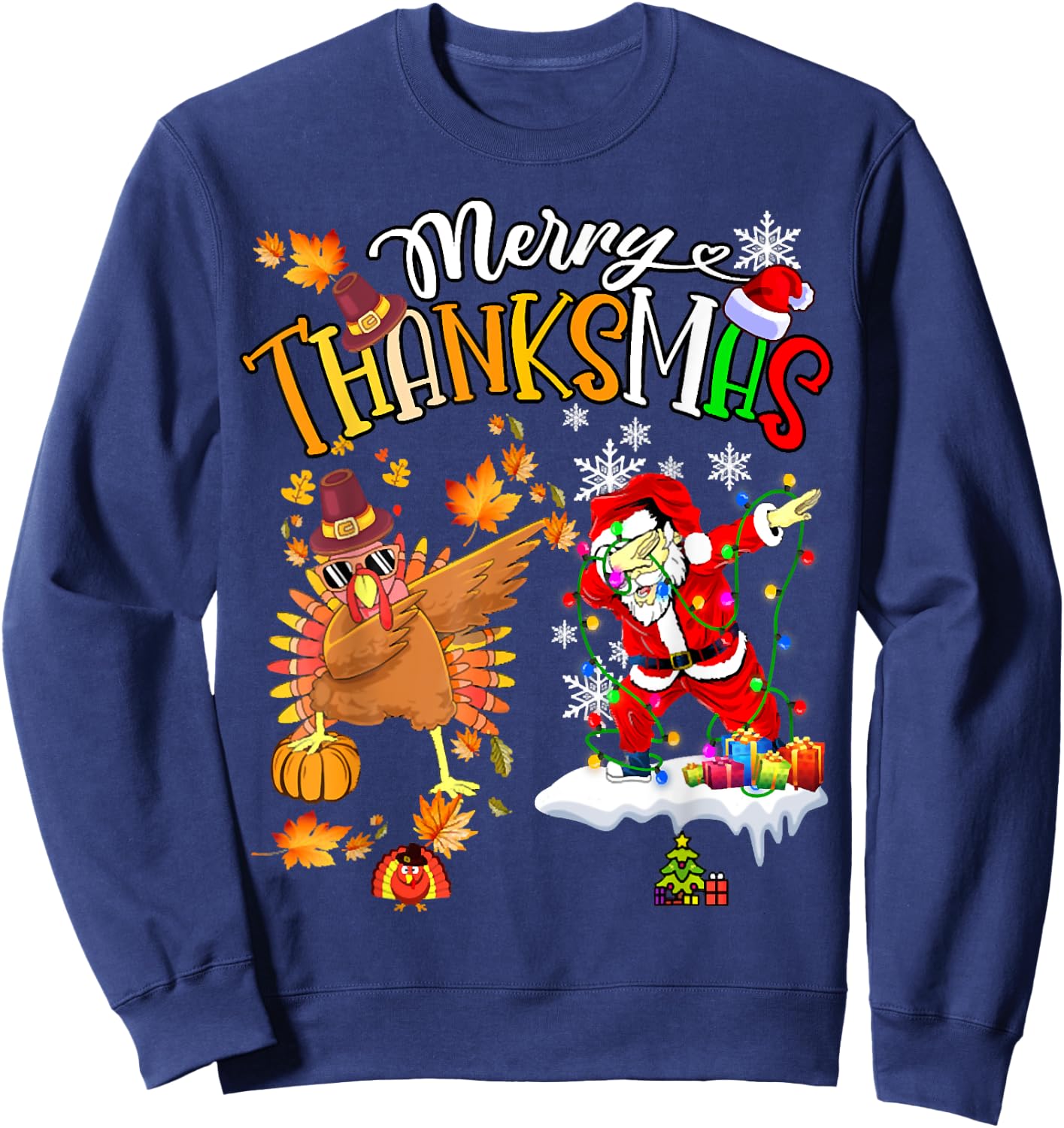 Merry Thanksmas Thanksgiving Christmas, Turkey Santa Dabbing Sweatshirt - Sweatshirt | Navy