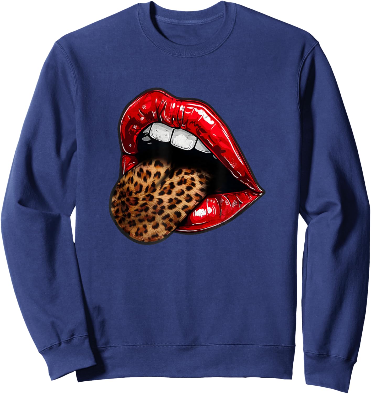 Red Lips Leopard Tongue - Vintage Animal Print Graphic Sweatshirt - Sweatshirt | Navy