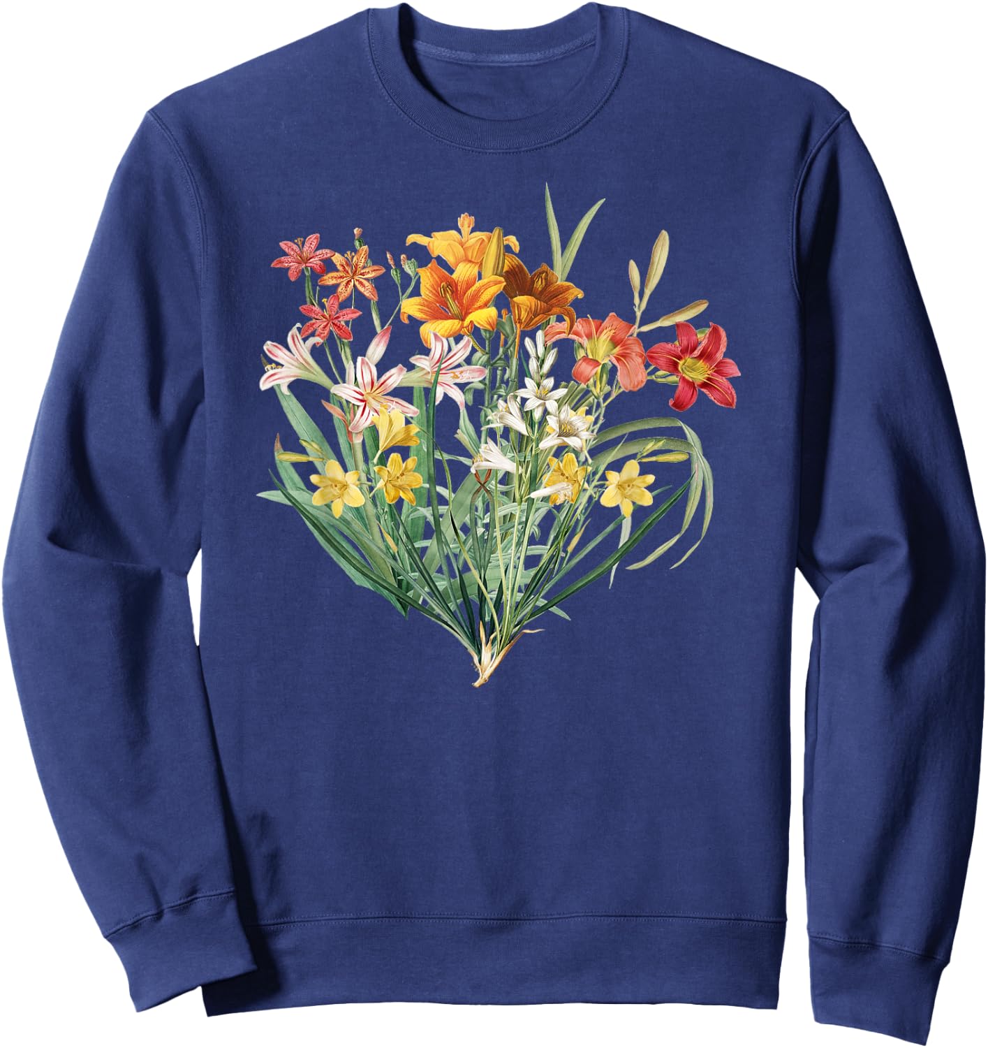 Variety of Lillies Graphic Flower Print Flowered Sweatshirt - Sweatshirt | Navy