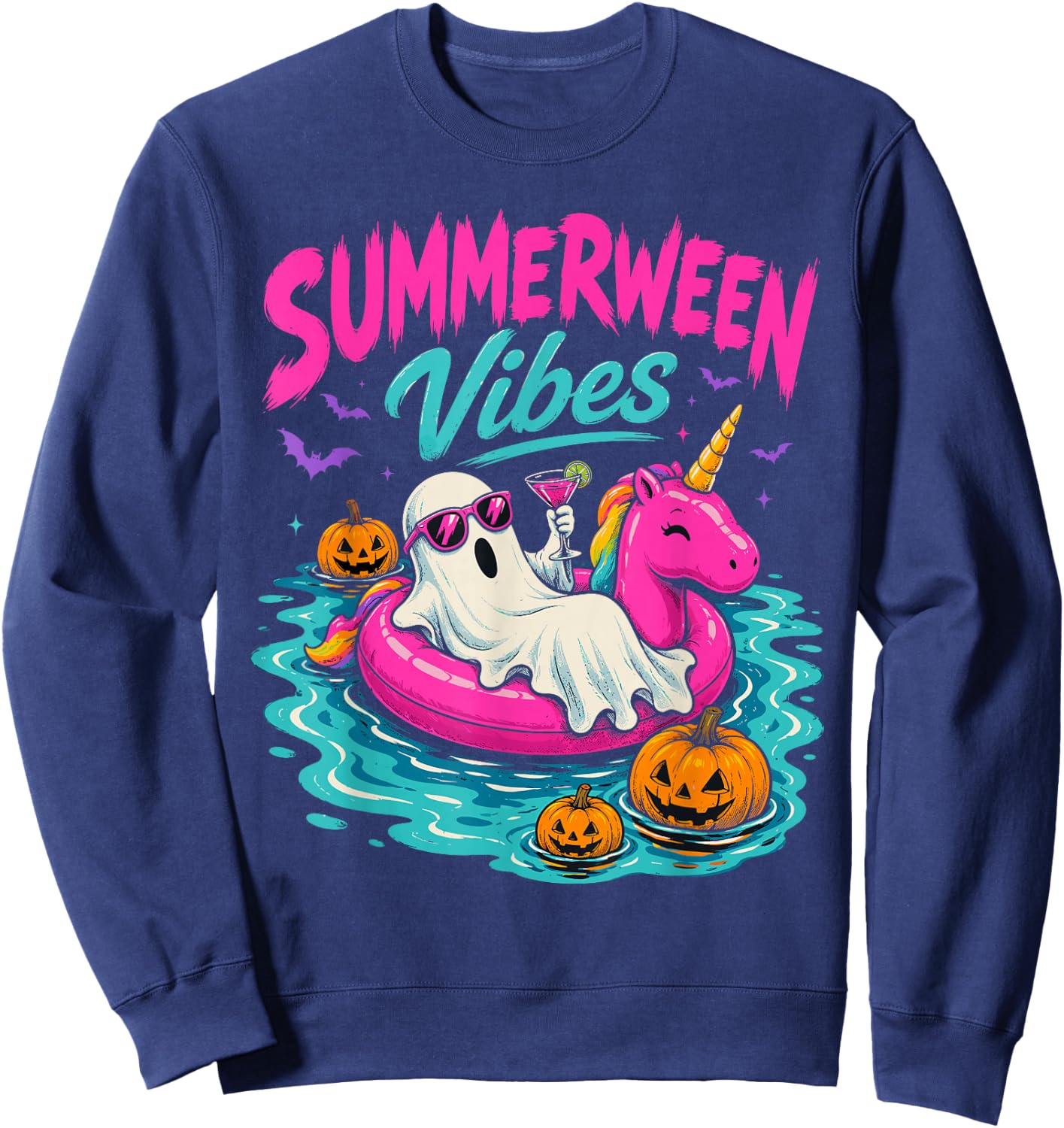 Summerween Vibes Spooky Ghost Unicorn Beach Halloween Girls Sweatshirt - Sweatshirt | Navy