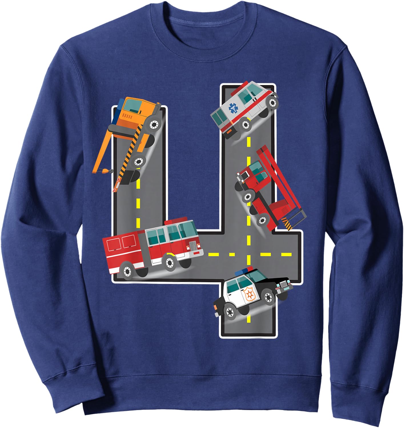 Four Year Old 4th Birthday Fire Truck Ambulance Police Car Sweatshirt - Sweatshirt | Navy