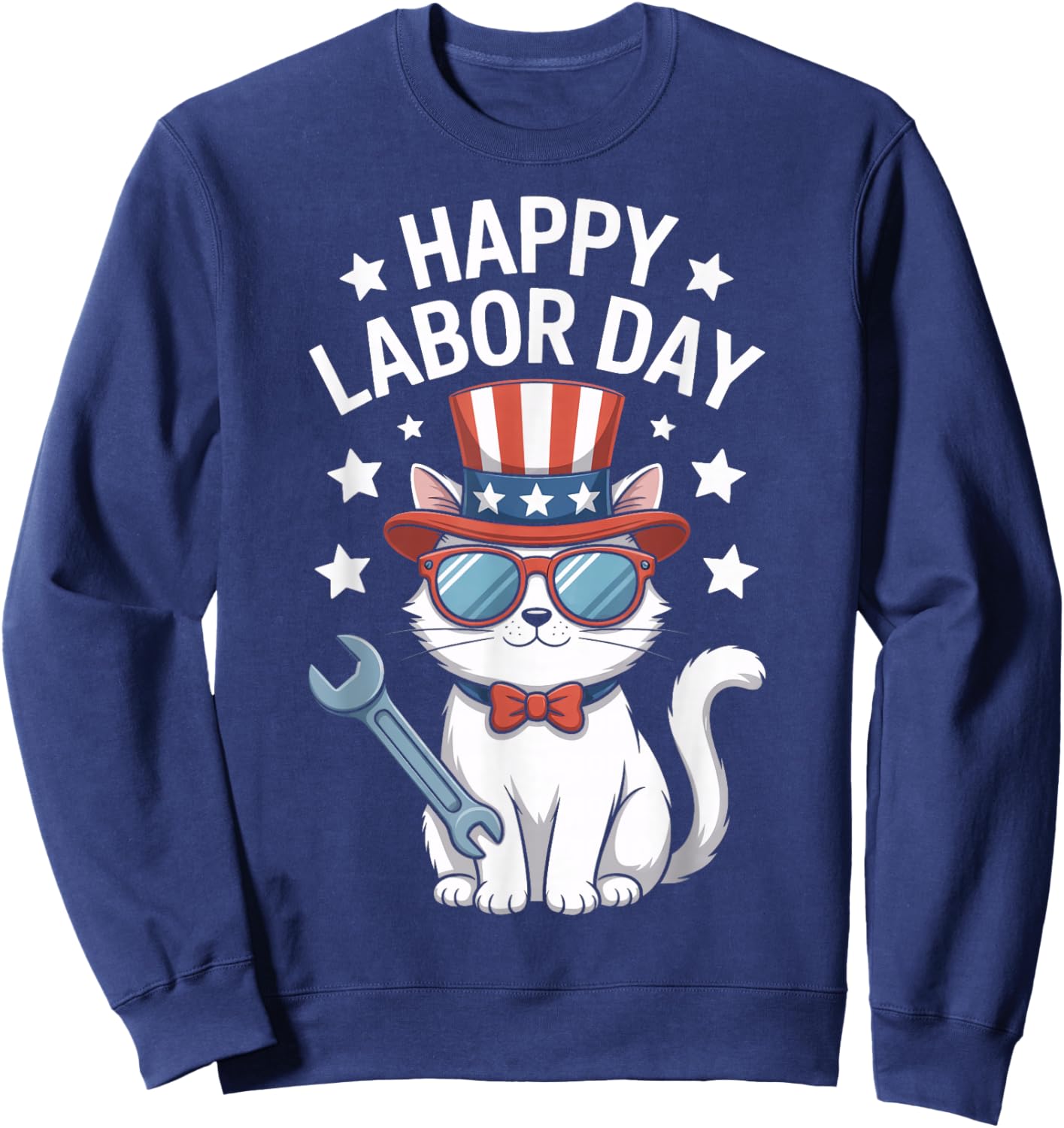 Happy Labor Day Patriotic Cat Wrench Stars Worker Humor Sweatshirt - Sweatshirt | Navy
