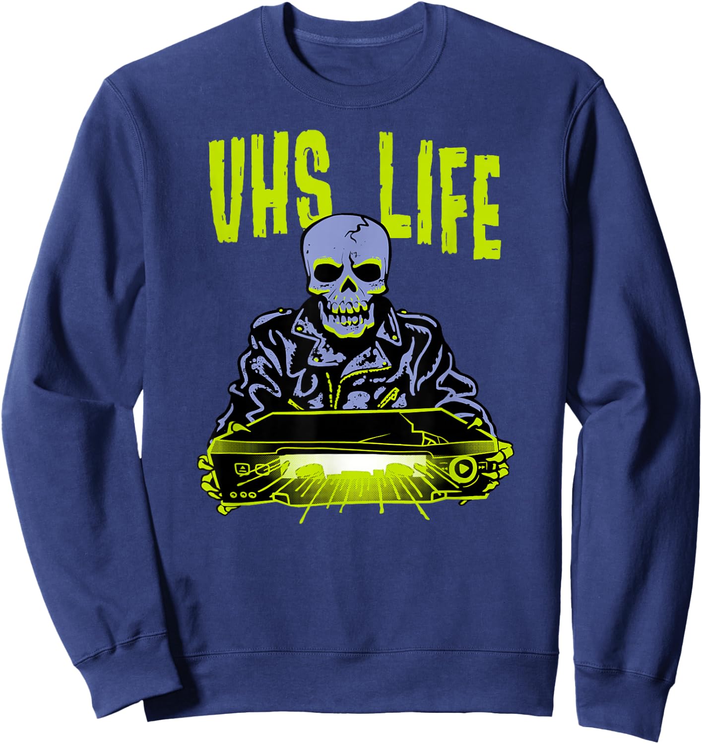 VHS Life - Skull Biker Punk with Glowing Evil VCR Sweatshirt - Sweatshirt | Navy