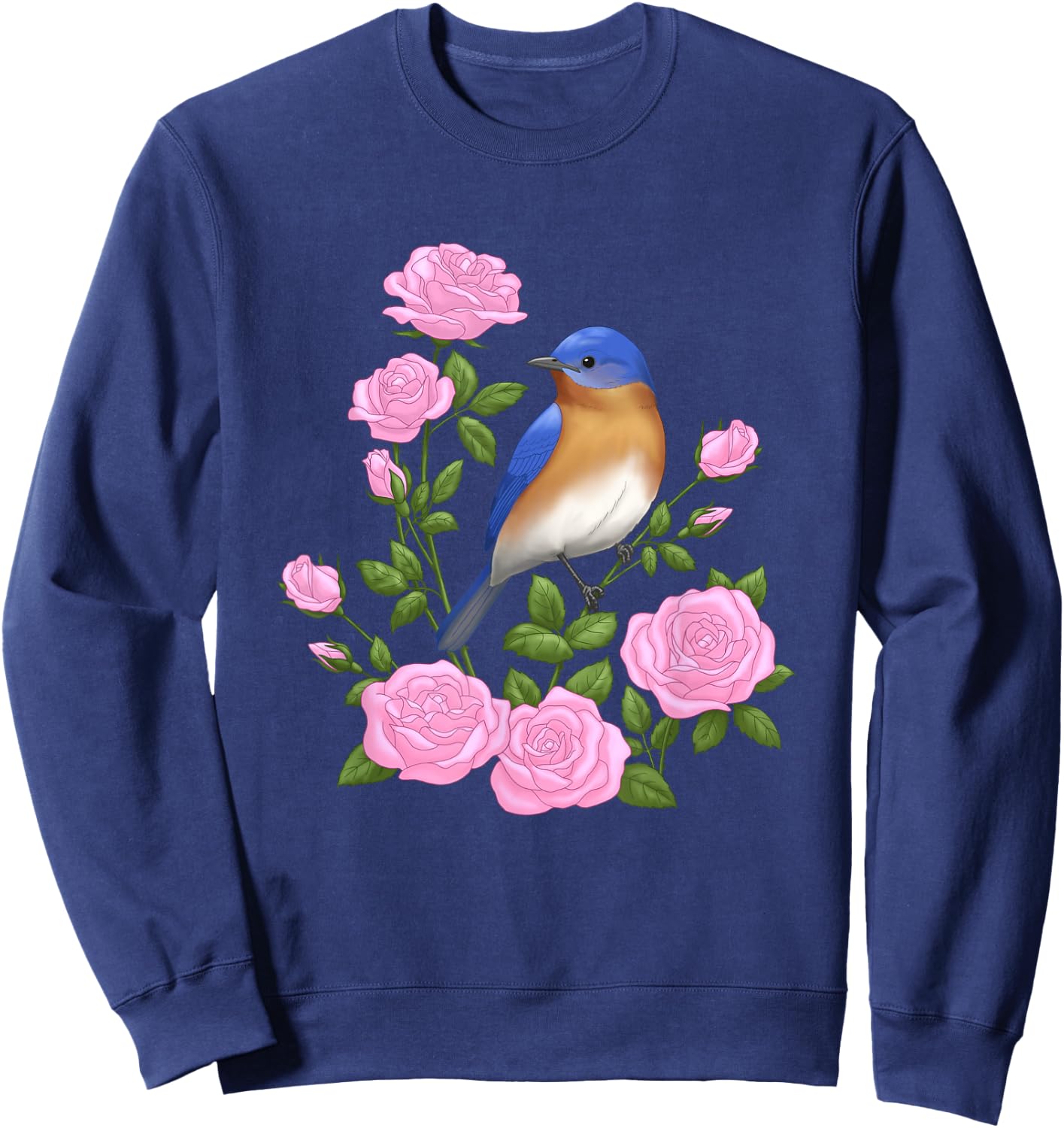 Eastern Bluebird and Pretty Pink Roses Sweatshirt - Sweatshirt | Navy