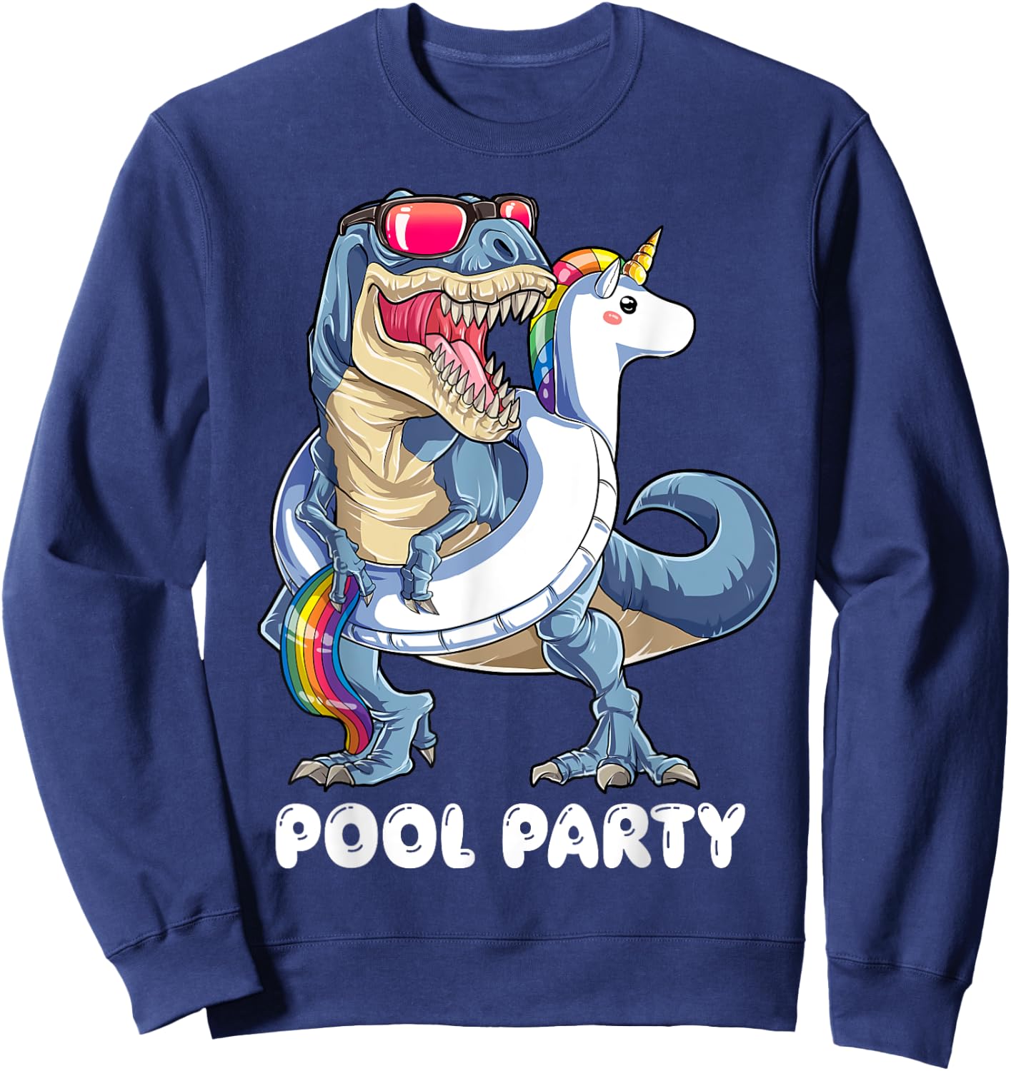 Pool Party Dinosaur Unicorn T shirt T rex Float Rainbow Gift Sweatshirt - Sweatshirt | Navy