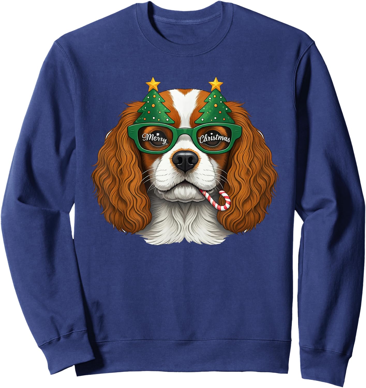 Christmas Tree Sunglasses Cavalier King Charles Spaniel Sweatshirt - Sweatshirt | Navy