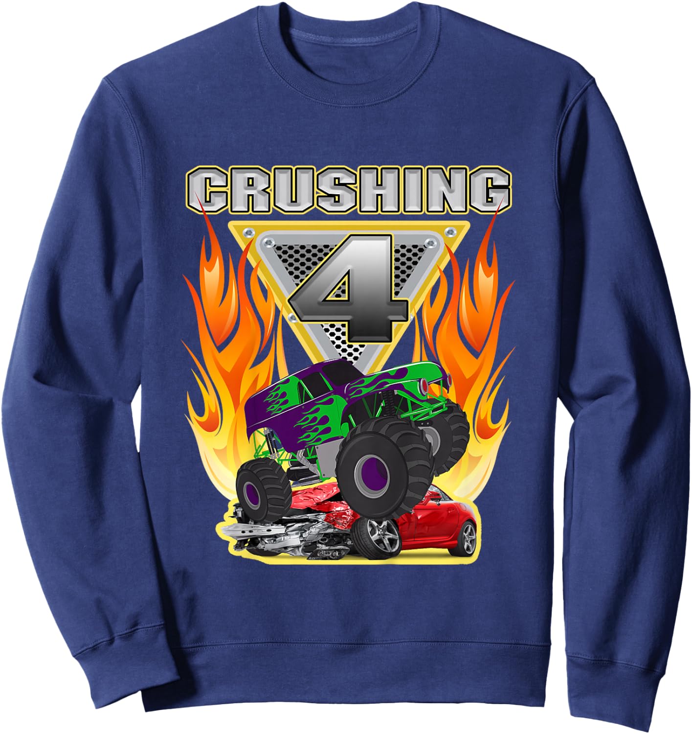 Monster Truck Crushing being 4 four Years Old 4th Birthday Sweatshirt - Sweatshirt | Navy