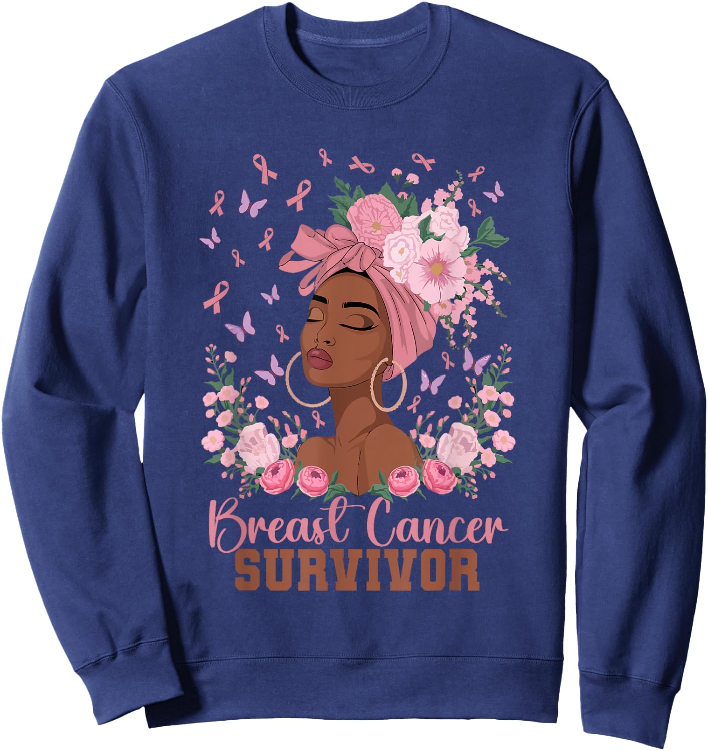 Black Woman Pink Ribbon October Breast Cancer Survivor Sweatshirt - Sweatshirt | Navy