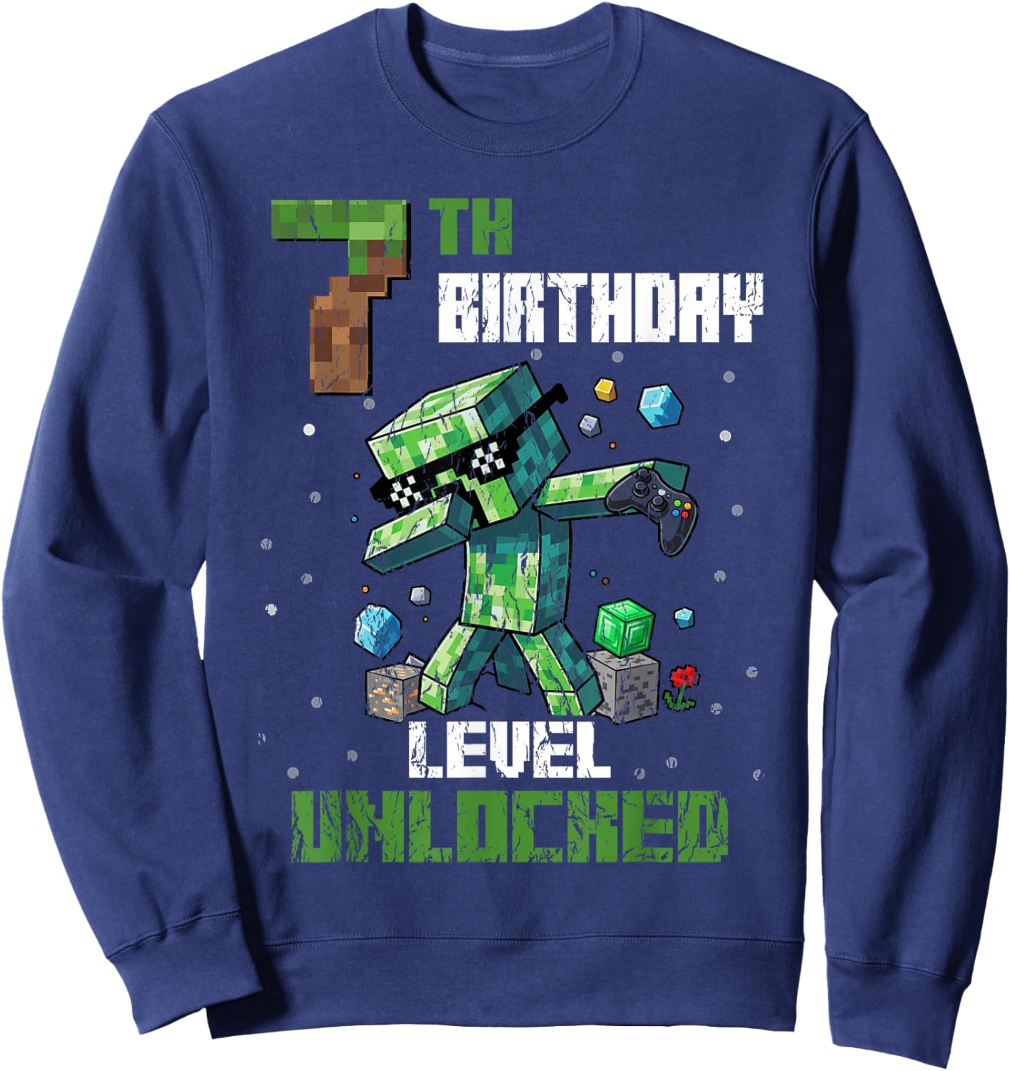 7th Birthday Level Unlocked Pixel Dab 7 Bday Gamer Kids Boys Sweatshirt - Sweatshirt | Navy