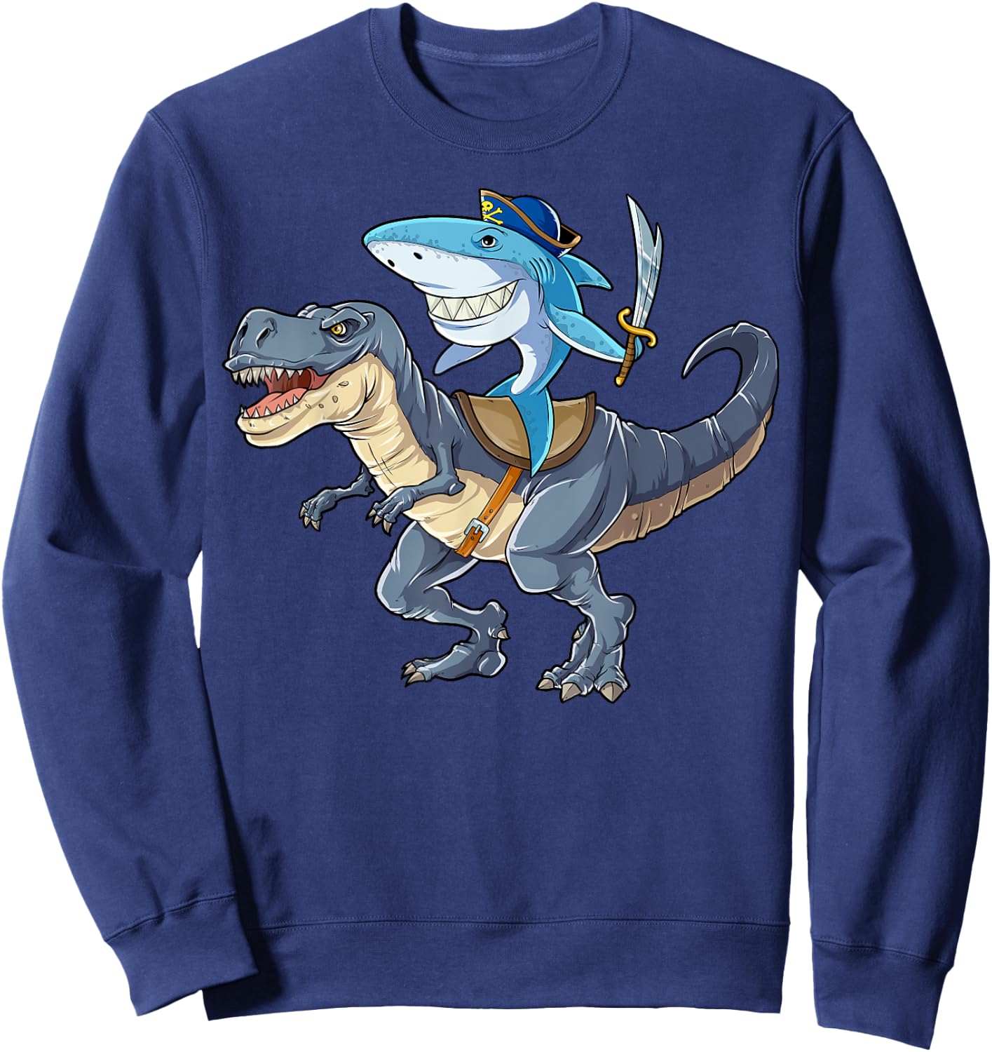Shark Riding Dinosaur T rex T Shirt Pirate Jawsome Kids Sweatshirt - Sweatshirt | Navy