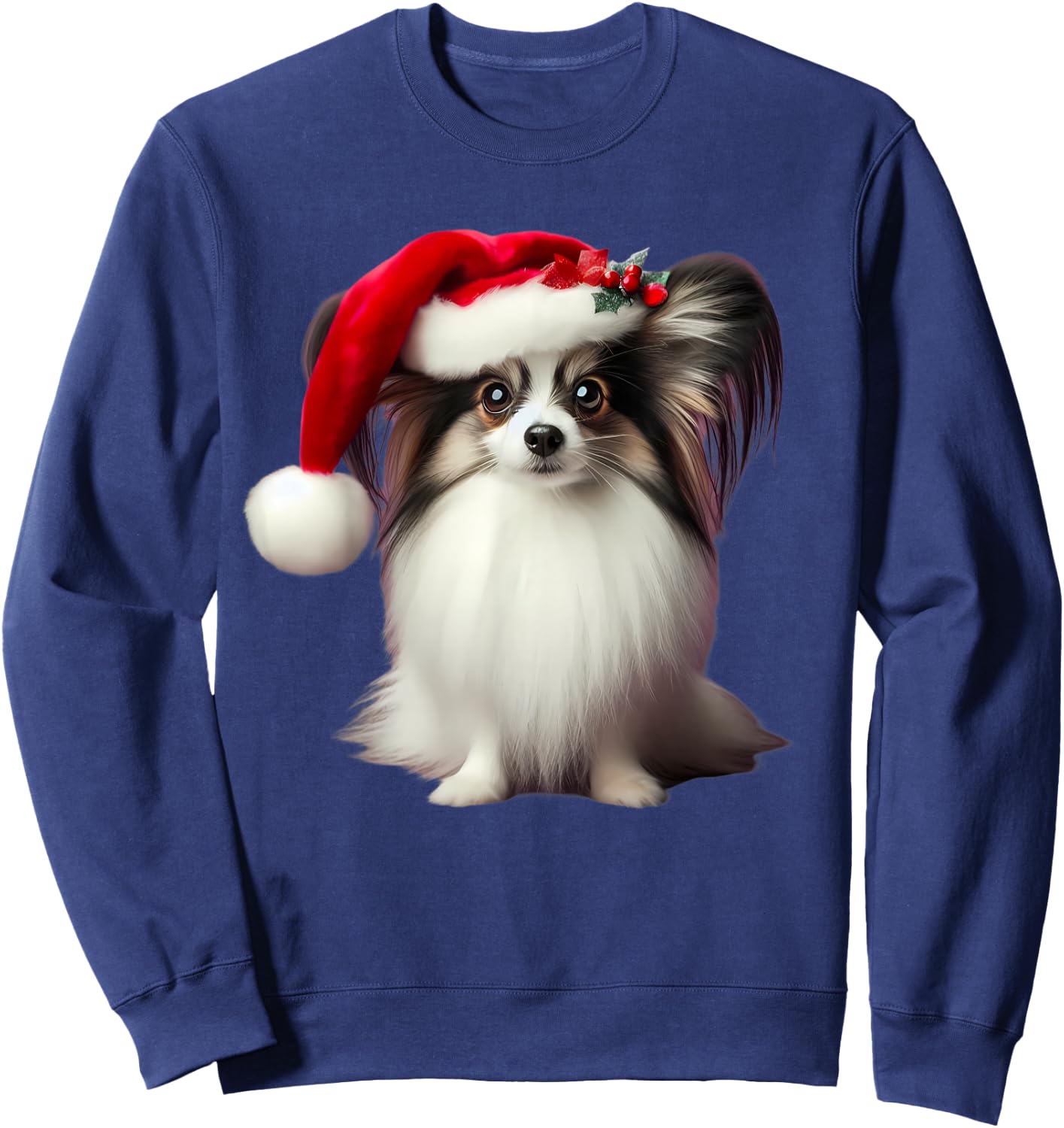 Papillion With Santa Hat Christmas Xmas Dog Owner Mom Dad Sweatshirt - Sweatshirt | Navy
