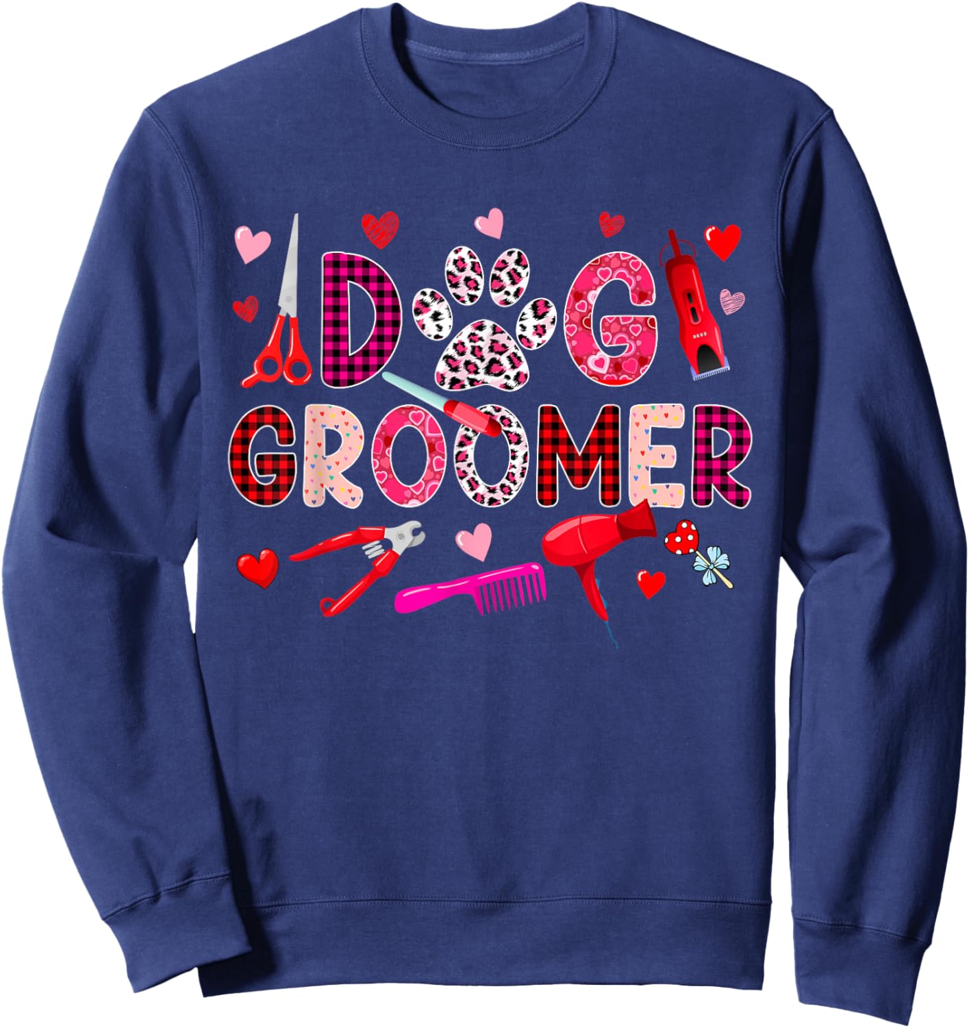 Dog Groomer Tools Valentine's Day Leopard Cute Hearts Sweatshirt - Sweatshirt | Navy