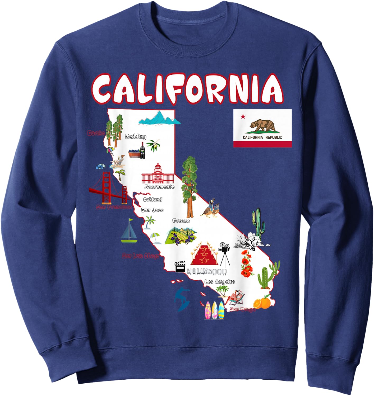 Map of California Landmarks, Major Cities, Flag Sweatshirt - Sweatshirt | Navy